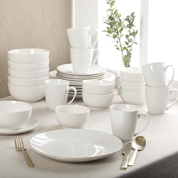 Gibson Home Ogalla 30 Piece Plates, Bowls, Mugs Dinnerware Set - Service for 6 - White Porcelain W/Gold Band