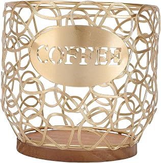 Coffee Pod Holder Organizer, Large Capacity Coffee Capsule Storage Basket with Wooden Base for Kitchen Counter Office Desk, Compact Design Stores Over 35 Pods Multifunctio (Gold)