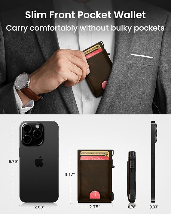 Wallet for Men Card Holder: Pop Up Card Case, Genuine Leather, Smart, RFID Blocking, Slim, Minimalist, Thin, Front Pocket - 12 Card Capacity, ID Window, Money Clip (Bronze)
