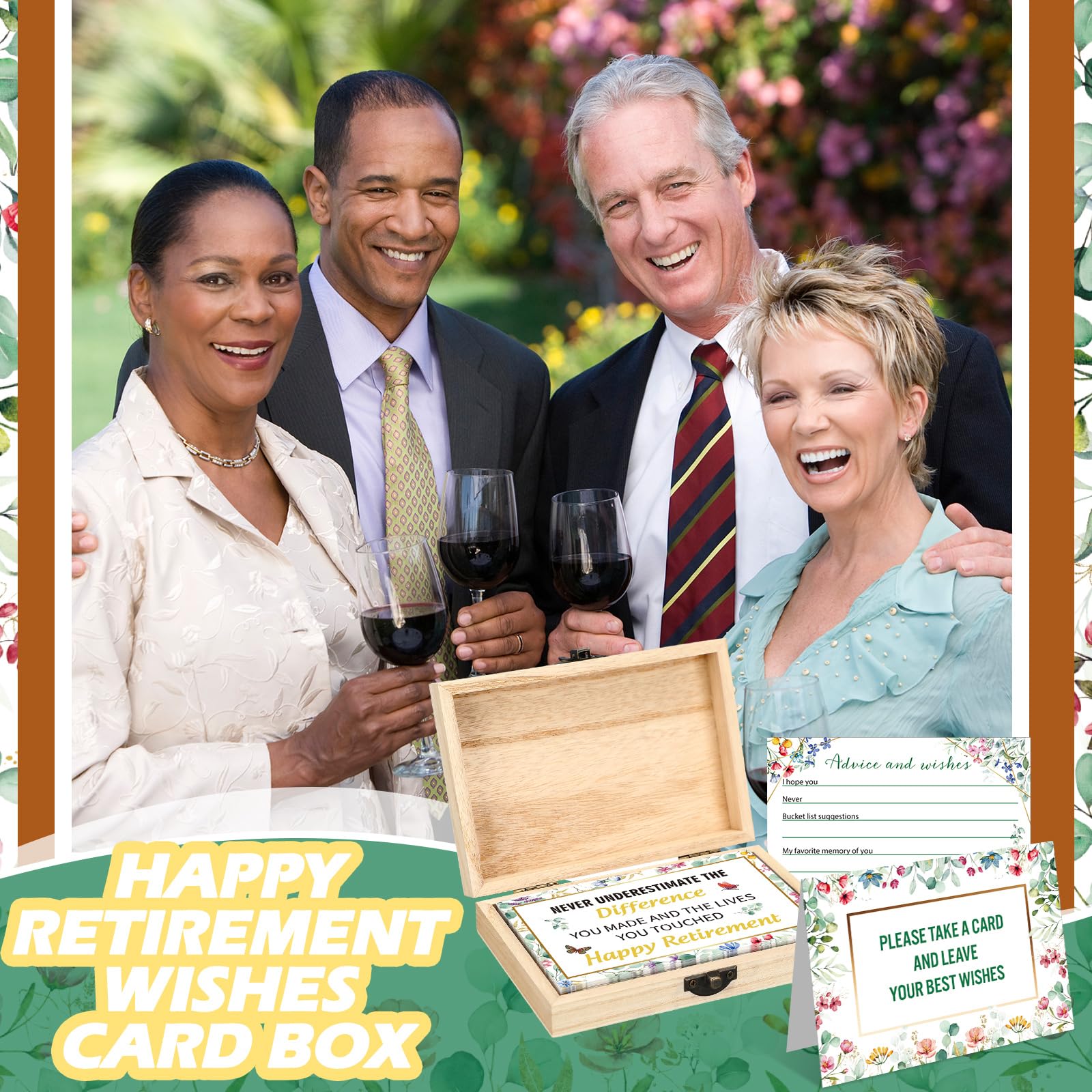 Novabright 62 tarjetas de caja de jubilación con texto en inglés "Greenery Happy Retirement Box", tarjetas de madera con letrero de mesa, consejo de deseos, felicitaciones, tarjeta de libro de