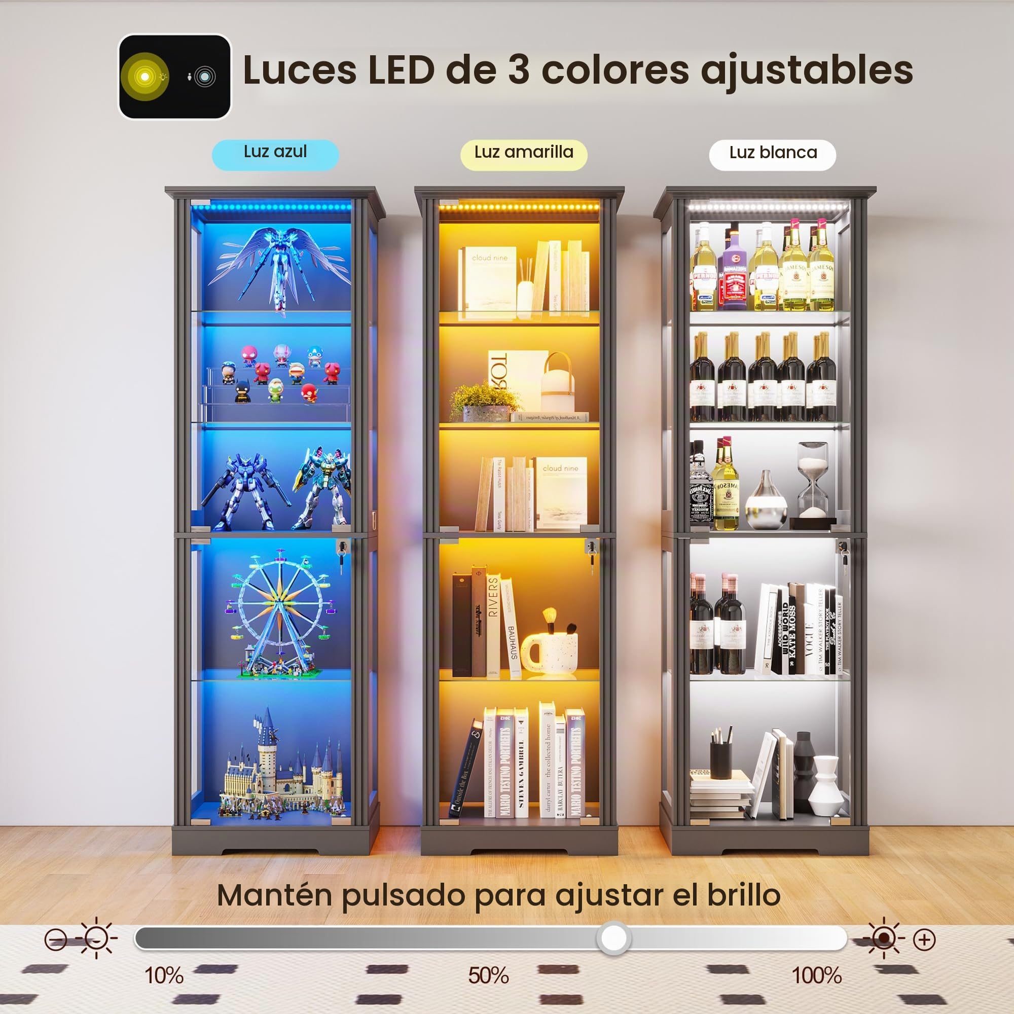 180 CM Vitrinas de Cristal LED y Partición Ajustable para Salón,Blanco | Vitrina esquinera con puerta de cristal con cerradura para Sala de estar,Vitrina con sensor de movimiento y cristal templado