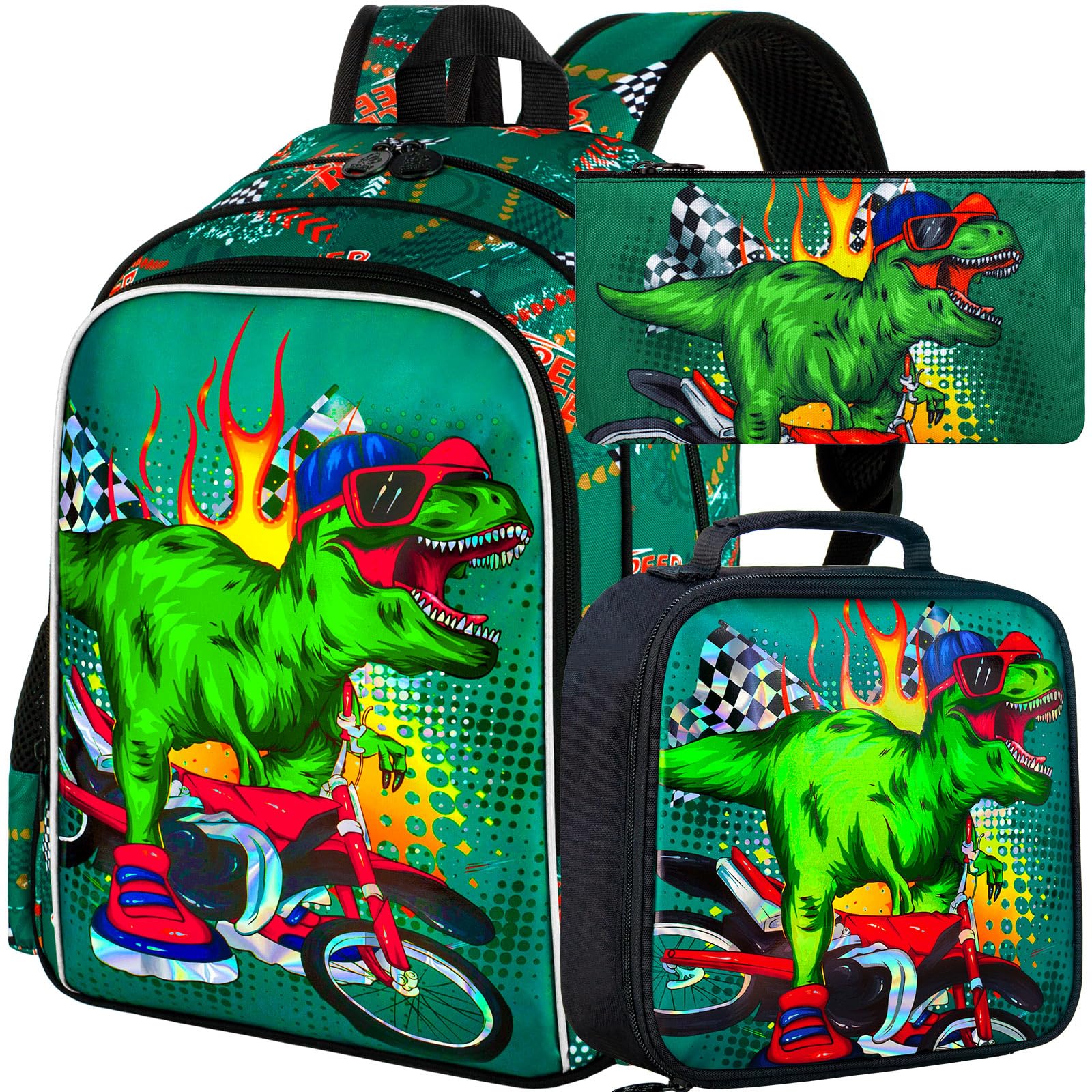 KLFVB 3PCS Dinosaur Backpack for Boys, 16" Kids Bookbag and Lunch Box, Water Resistant Camouflage Preschool Backpacks for Elementary Students