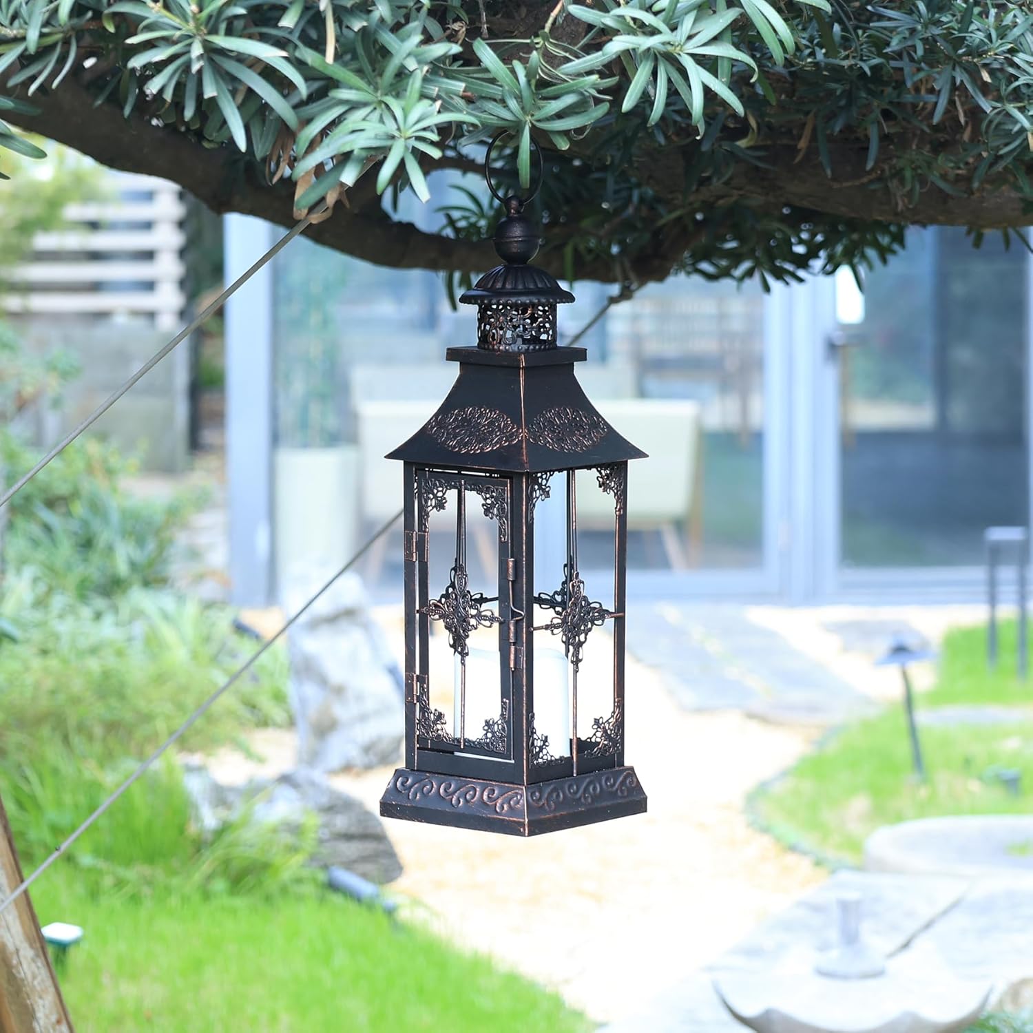 DECORKEY LED Lanterns Decorative Outdoor&Indoor, 23'' 16‘’ Large Black Lanterns Set with 2 Flameless Candles, Metal Holders for Porch, Patio, Garden, Home, Fireplace, Christmas Decorations Decor