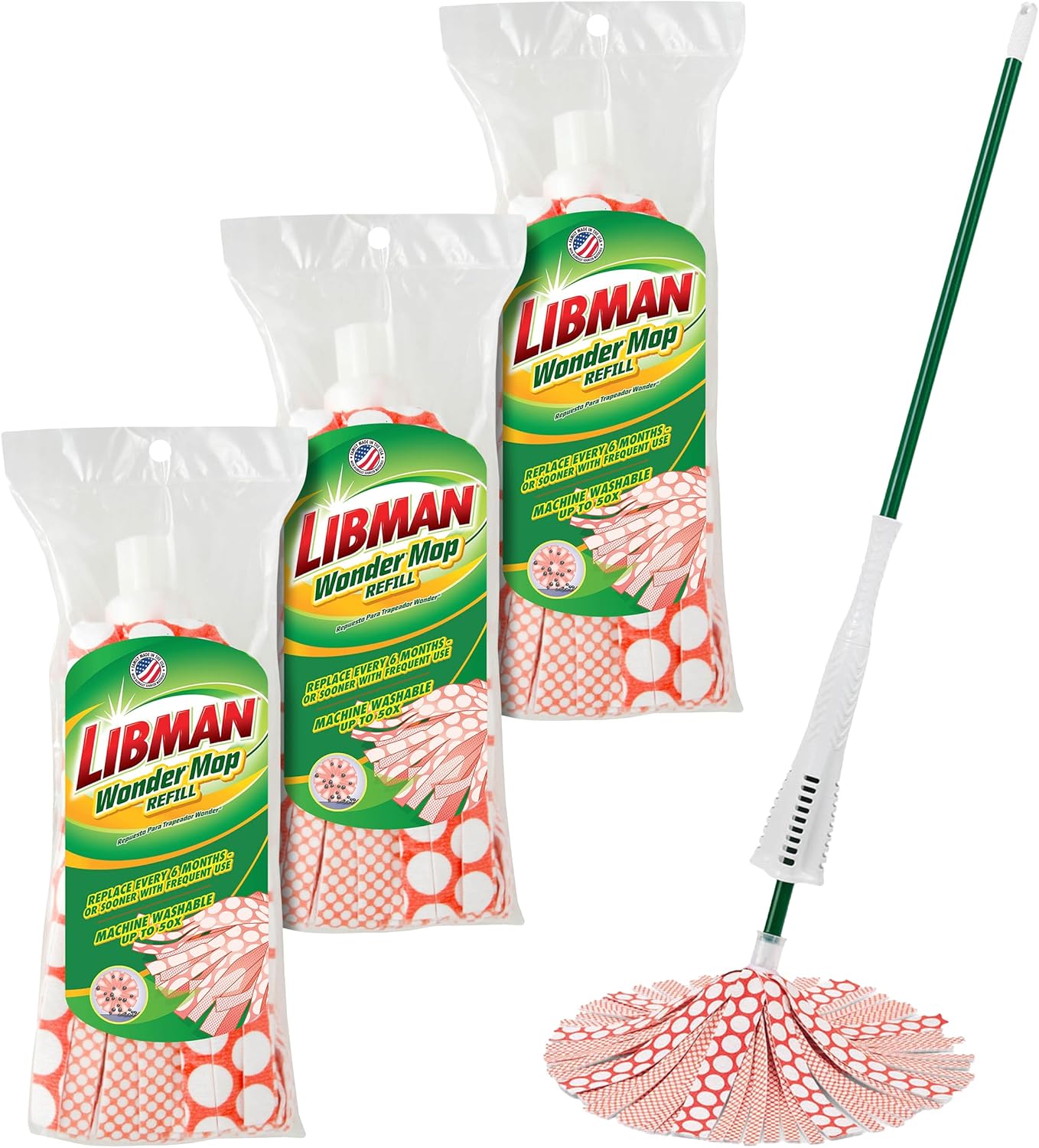 Libman Wonder Mop & Refills Kit – for Tough Messes and Powerful Cleanup – Easy to Wring, Long Handled Wet Mop for Hardwood, Tile, Laminate. Includes Three Replacement Heads, Machine Washable, 62 Inch