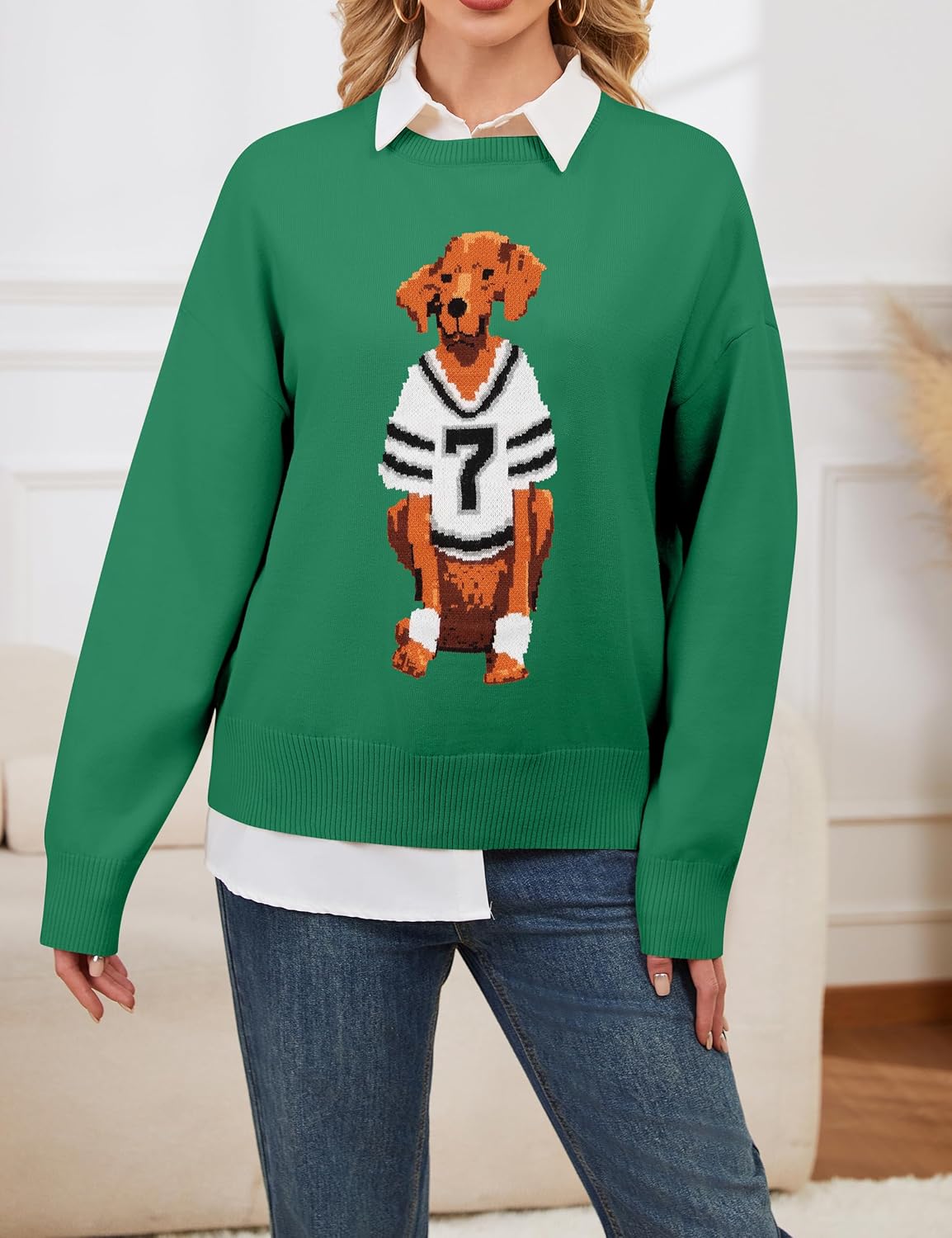 Women Dog Print Sweater Crew Neck Long Sleeve Knit Top Pullover Jumper Fall Winter 2025 Cloth Outfits - Image 5