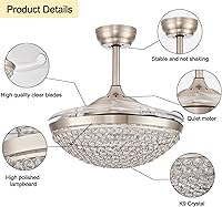 Vista 6 de Ventiladores de techo de cristal de 42 pulgadas, ventilador de techo remoto con luces LED regulables, modernos candelabros de cristal