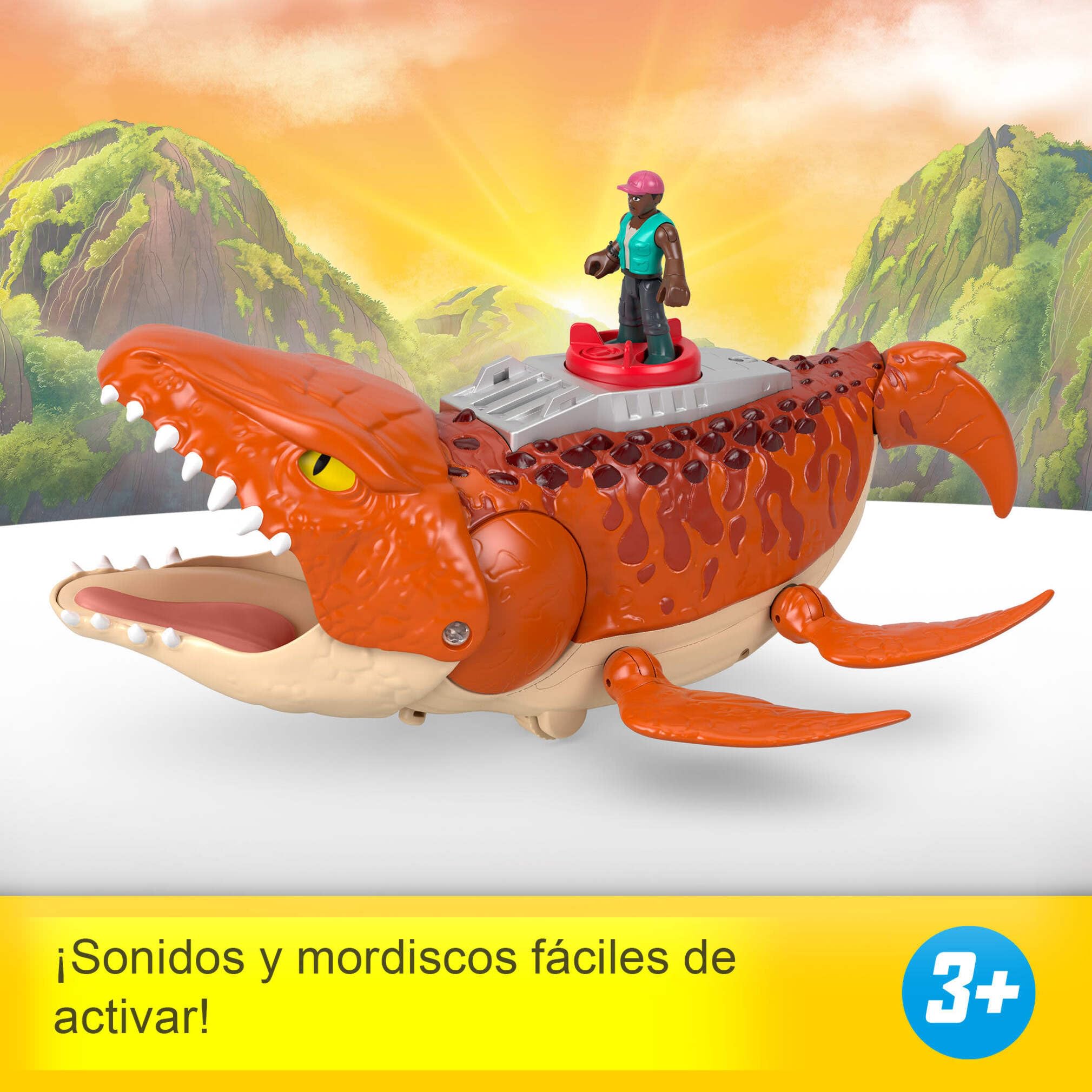 Fisher-Price Imaginext Jurassic World El Renacer, Mosasaurio persecución y mordiscos acuáticos Dinosaurio de juguete de 45 cm con figura de acción de 7,6 cm, lanzador, lancha y 2 proyectiles, JFR23