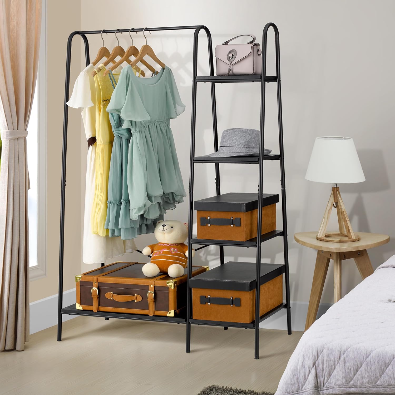 Finnhomy Rustic Clothes Rack, Clothing Rack for Hanging Clothes Heavy Duty Garment Rack with 5 Wood Shelves Freestanding Portable Closet Organizer for Bedroom/Entryway/Boutiques?Matte Black All Black