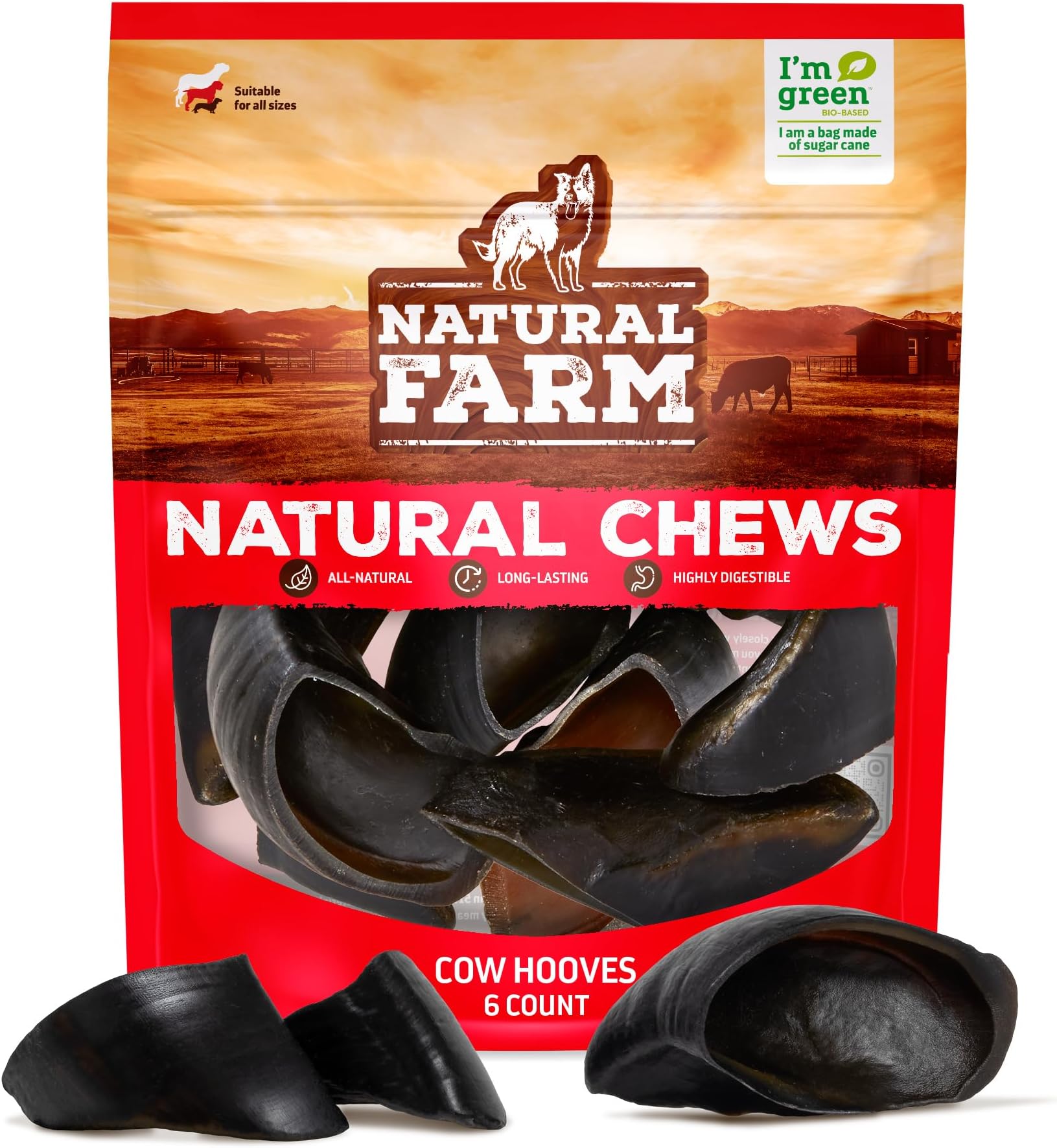 Natural Farm Cow Hooves (6 Pack), Odor-Free, All Natural Sourced from Farm-Raised Beef Hoof Dog Treats, Great Alternative to Bully Sticks or Rawhide, Dental Chew for Small, Medium, Large Breeds
