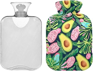 Green Avocado and Tropical Leaves Classic Hot Water Bottle with Cover 2L Cute Hot Water Bags Removable Hot Cold Pack for Neck, Shoulders and Legs Pain Relief, Menstrual Cramps