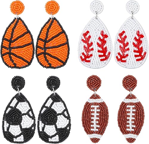 4 pares de aretes de fútbol con cuentas, balón de fútbol, baloncesto, fútbol, béisbol, deportes, aretes colgantes para mujeres, juego deportivo,