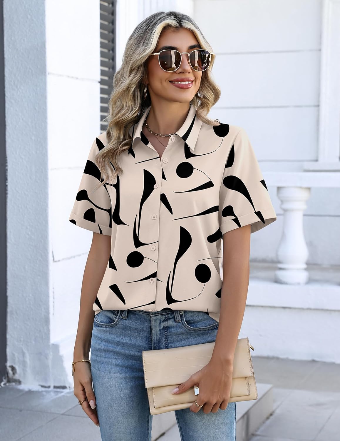 Zeagoo Button Down Shirts for Women Short Sleeve Collared Tops Dressy Casual V Neck Blouses - Image 2