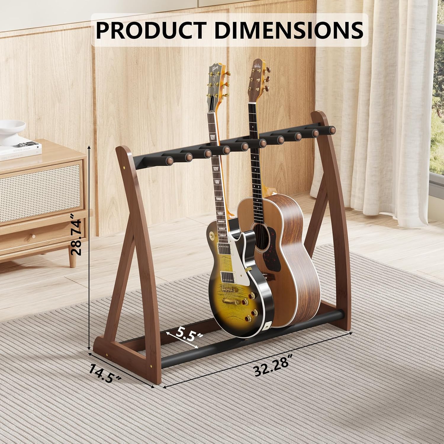 Multi Guitar Stand Heavy Duty - Wood Floor Stand for Electric Guitar and Bass, Adjustable Non-Slip Guitar Rack, Holds Multiple Guitars & Basses (Electric Guitar Stand, Bass Stand, Wood Guitar Stand)