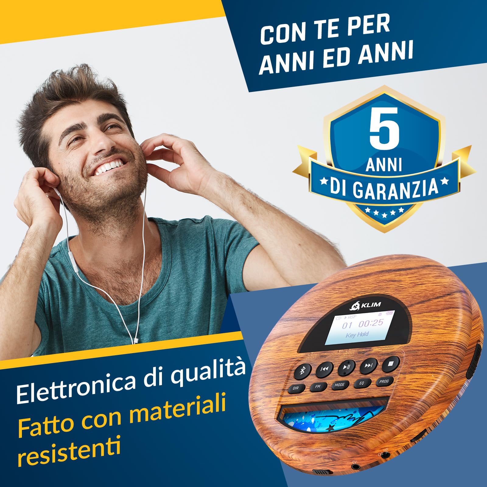KLIM Nomad Wood - Lettore cd portatile - Batteria a Lunga Durata - Include Auricolari KLIM Fusion - CD-R, CD-RW, MP3 - Lettore SD, Radio FM, Bluetooth - Ideale per Auto - Hi-Fi - Nuovo