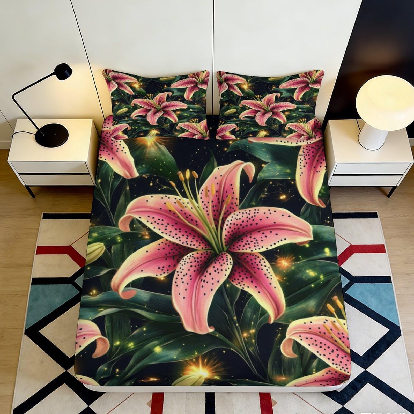 3D Printed Pink Lily Fitted Sheet Microfiber Soft Breathable Floral Mattress Cover for Bedroom Dormitory Guest Room Mattress Protection Decor 200x200x25cm