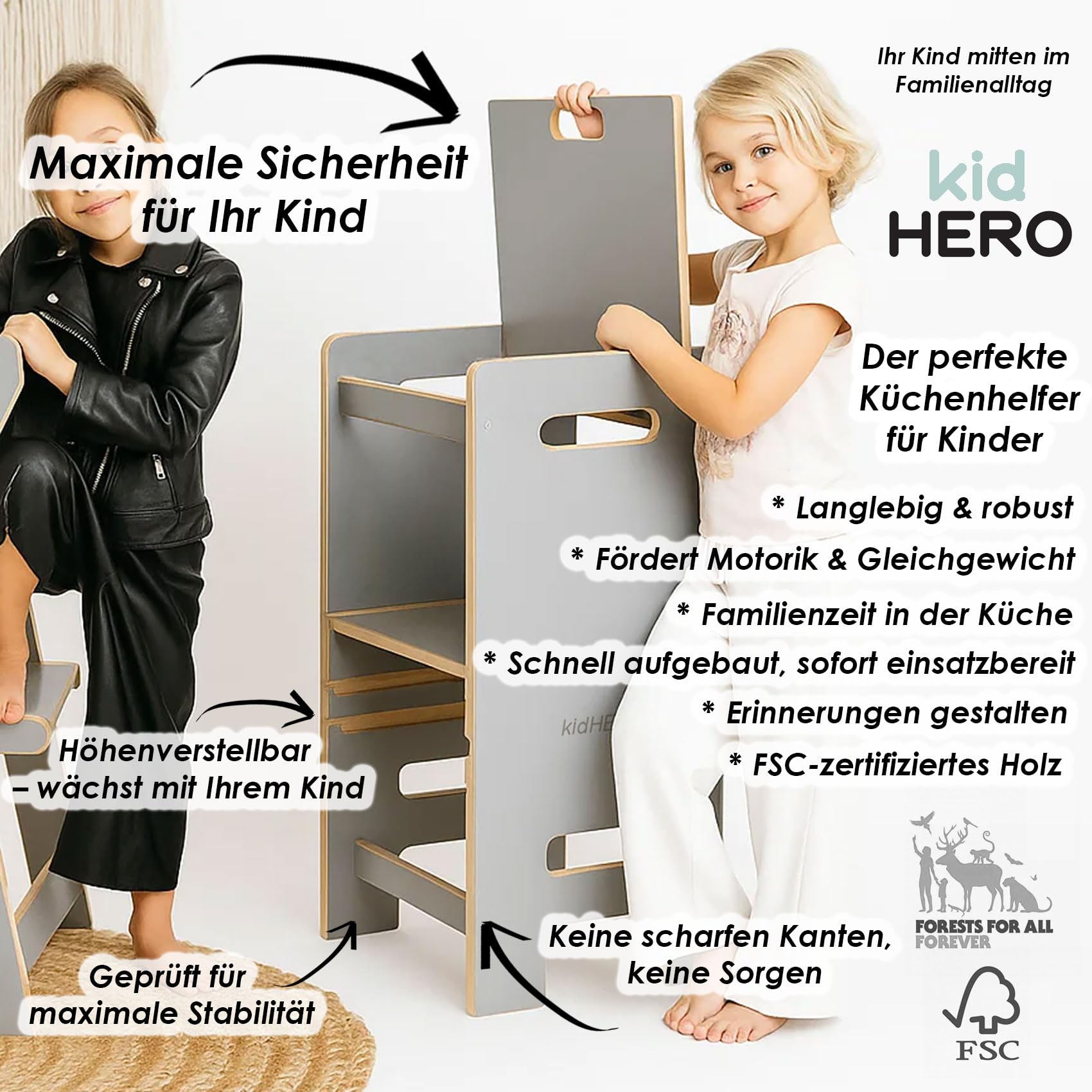PaLulli® Höhenverstellbarer Montessori Lernturm ab 1 Jahr mit Kippschutz – 3-stufiger Learning Tower für Jungen & Mädchen – Sicherer Küchenhelfer Tritthocker für Kinder