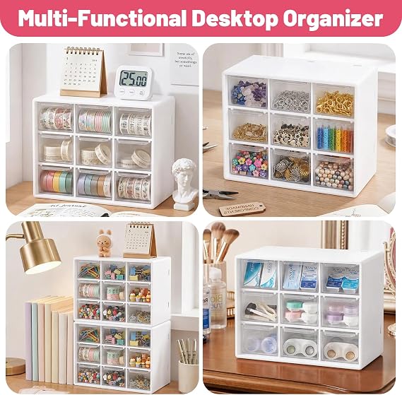 GAESHOW 2Pcs Small Storage Drawers, Desk Storage Organizer with 9 Drawers, Mini Plastic Drawer Organiser, Desktop Craft Drawer Cabinet for Sewing, DIY Crafts, Art Supply, Office Supplies and Jewelry