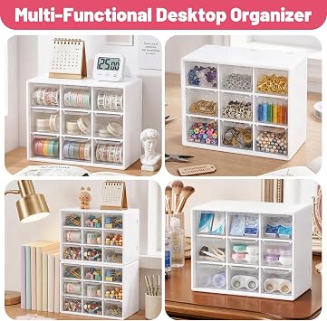 GAESHOW 2Pcs Small Storage Drawers, Desk Storage Organizer with 9 Drawers, Mini Plastic Drawer Organiser, Desktop Craft Drawer Cabinet for Sewing, DIY Crafts, Art Supply, Office Supplies and Jewelry
