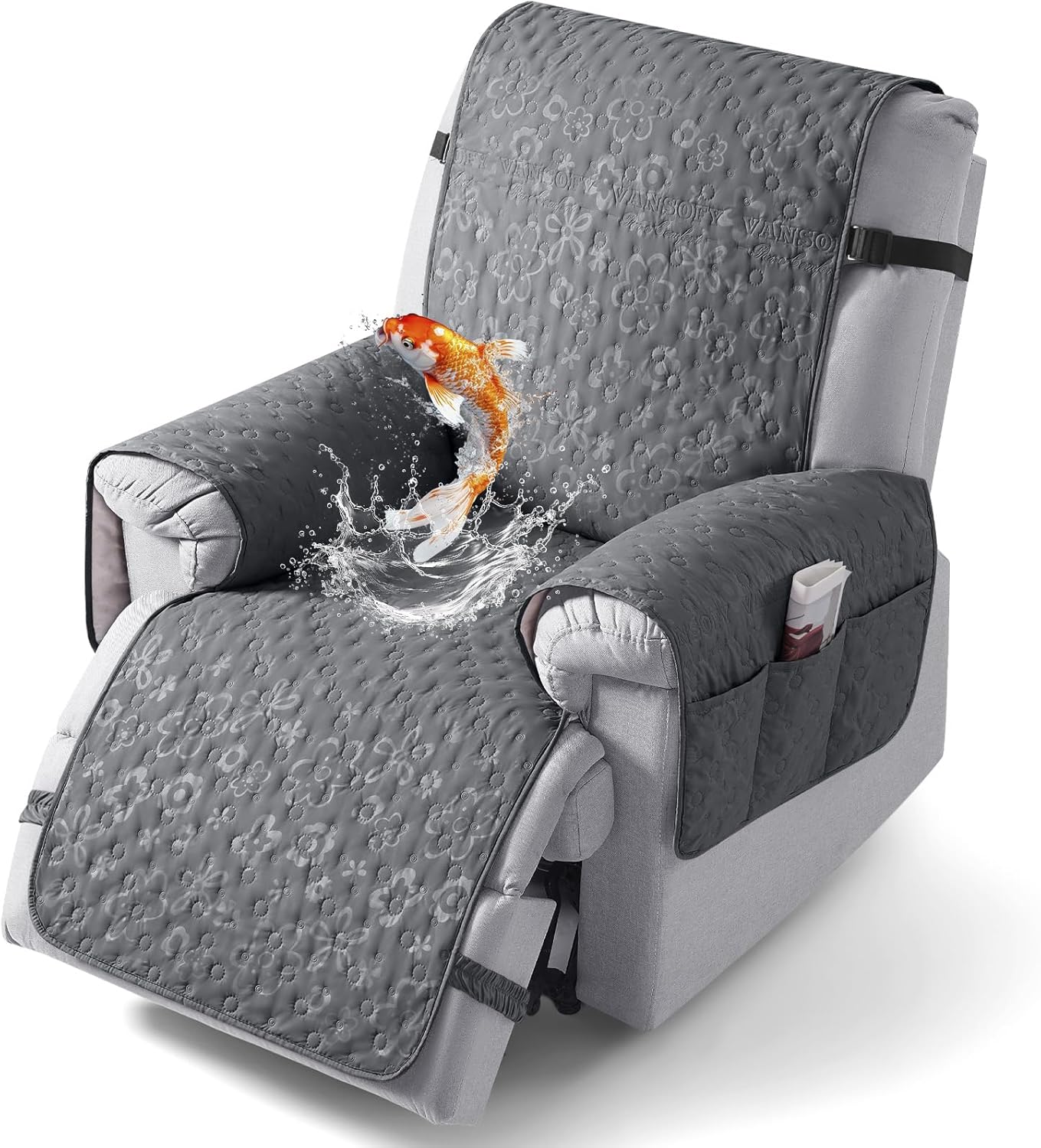 VANSOFY 100% Waterproof Recliner Chair Cover, Recliner Cover with Non-Slip Granule, Washable Reclining Chair with Pocket Furniture Protector for Kids, Pets(Dark Gray, 23″)