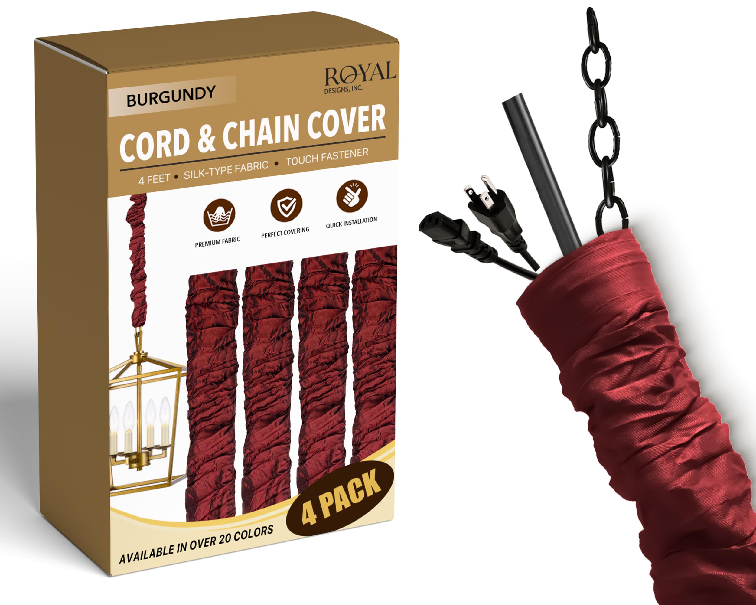 Photo 1 of **MISSING CHAIN*
Royal Designs, Inc. Cord & Chain Cover 4 ft Silk Type Fabric, Chandelier Pendant Lighting Chain & Cable Management, Touch Fastener, Burgundy - 4 Pack