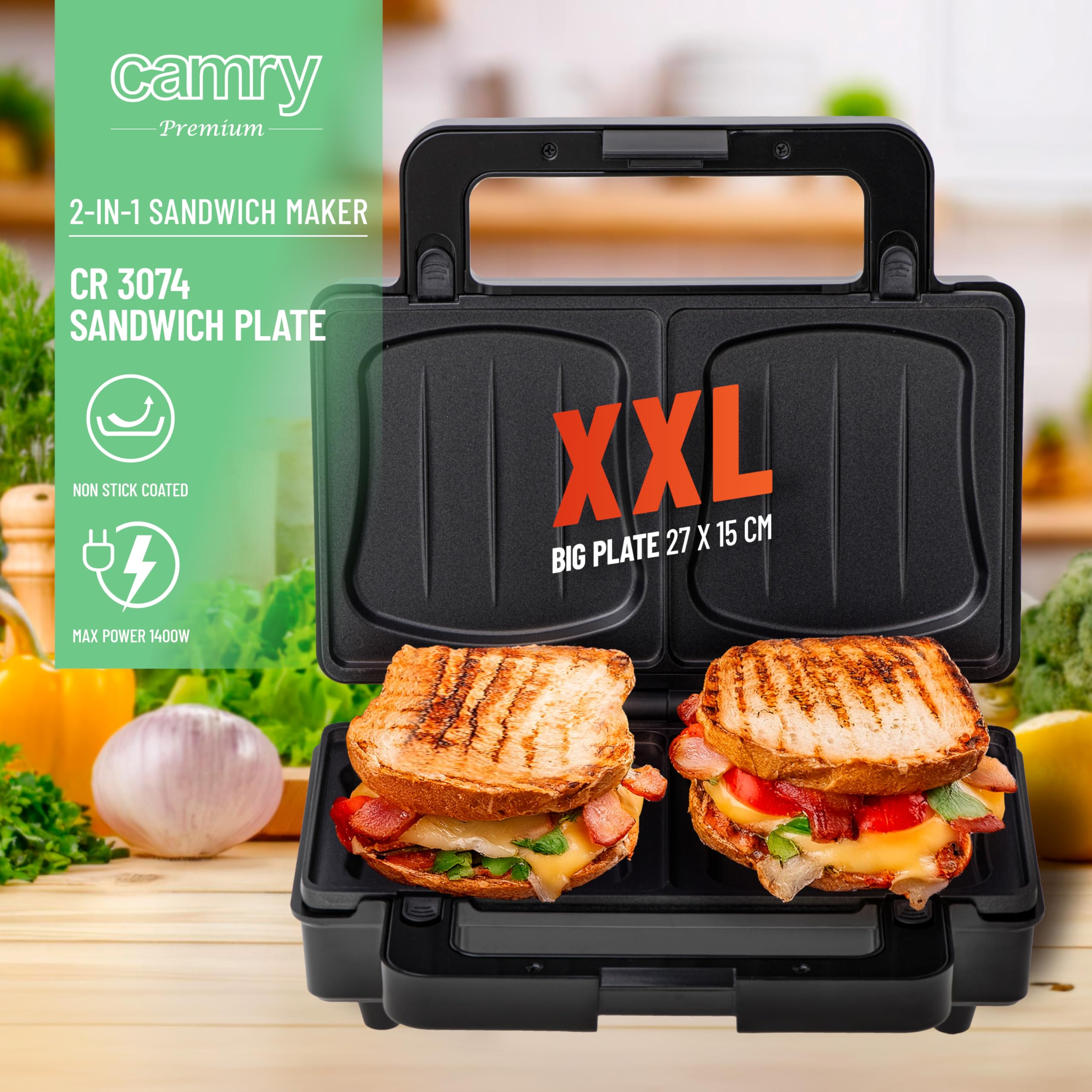 CAMRY Croque Monsieur Appareil, Machine a panini avec 2 Plaques Interchangeables, Grille-Sandwich et Grille de Contact, Revêtement Antiadhésif, Poignée de Sécurité, Témoins Lumineux, 1400 W, CR3075