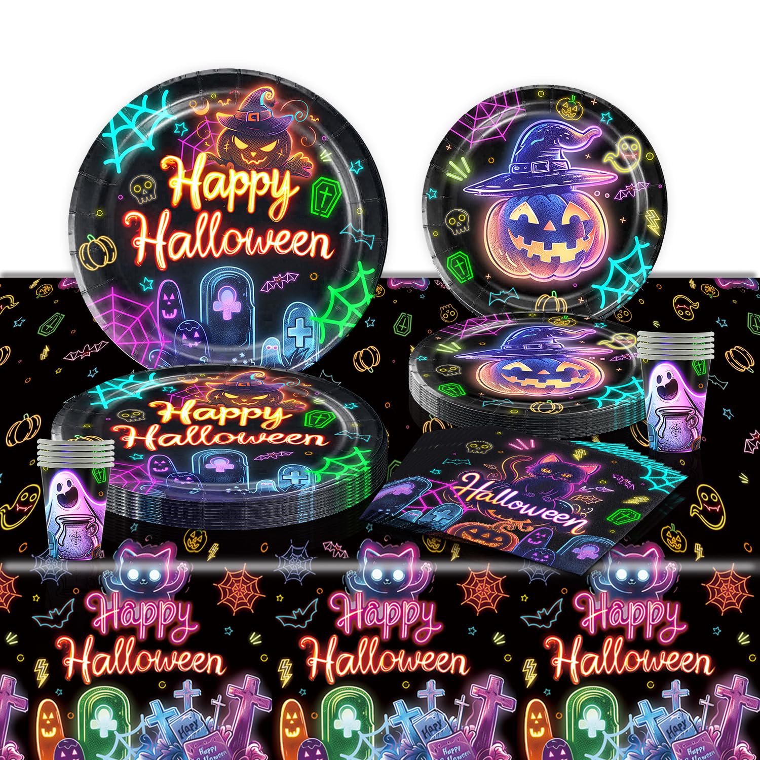 69-teiliges Halloween-Partygeschirr-Set In Lila – Mit Tischdecke, Tellern, Bechern & Servietten
