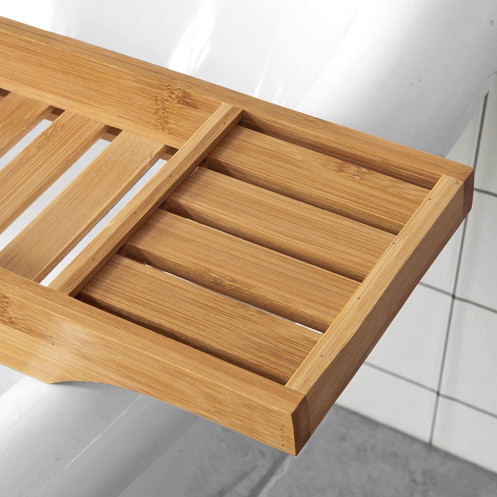 SoBuy Plateau de Baignoire en Bambou 80 cm – Pont de Baignoire en Bois – Extra Long & Vernis pour Grandes Baignoires, Support Verre de Vin & Emplacement Bougie FRG212-N