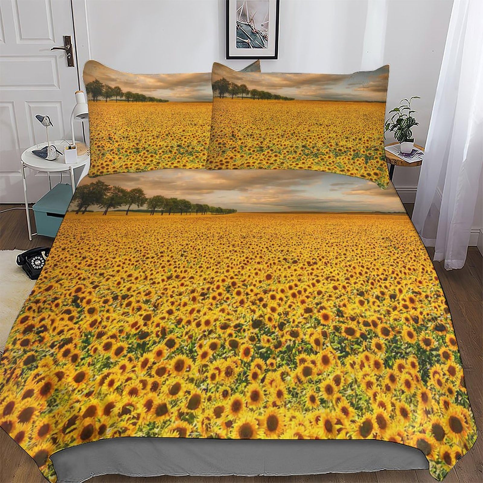 Housse couette tournesols 3 pièces parure de lit double 200x200cm
