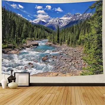 Simsant Nature Mountain Forest Tapestry,Colorado River Tapestry Scenic Green Pine Tree Waterfall Landscape Wall Hanging Tapestries for Home Office Dorm Indoor and Outdoor Decoration 60x51in GTSI032