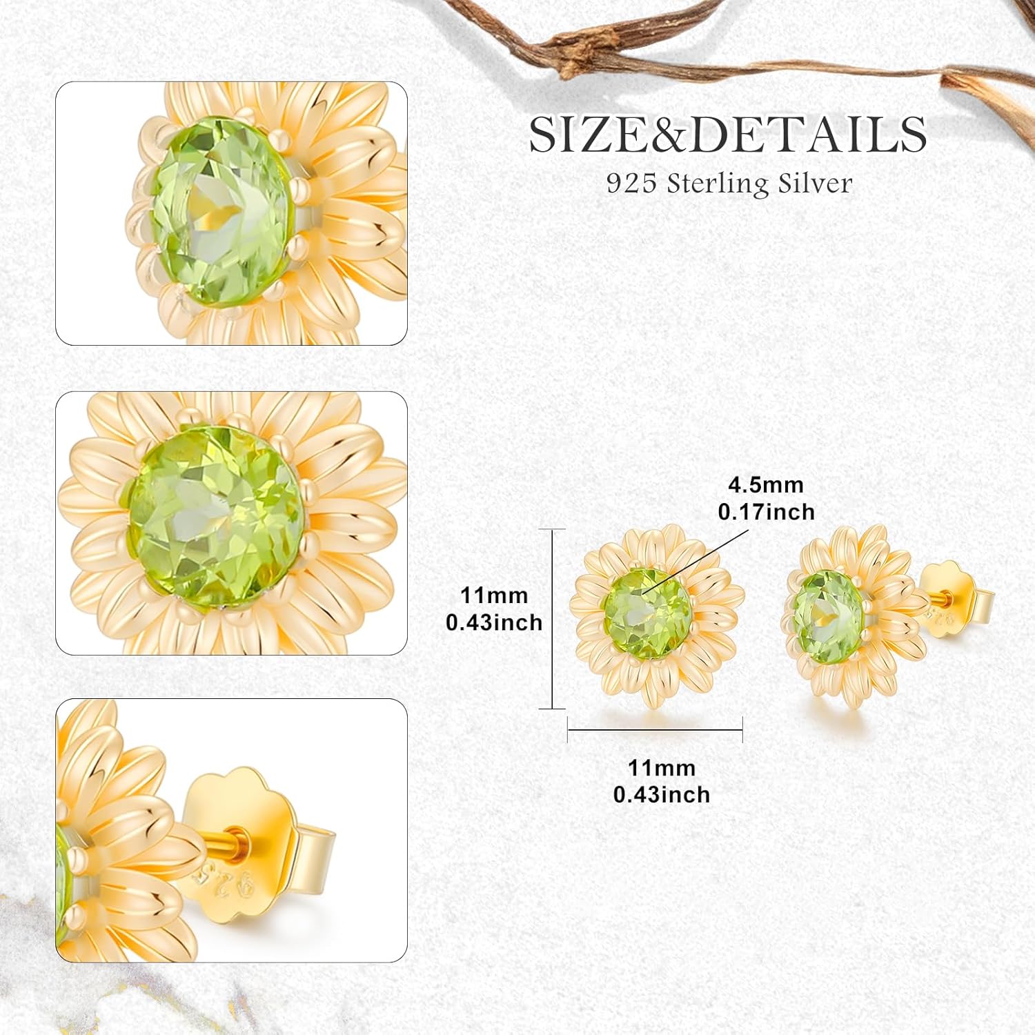 Sunflower Stud Earrings 925 Sterling Silver Natural Gemstone with Sunflower Earrings for Women - Image 4