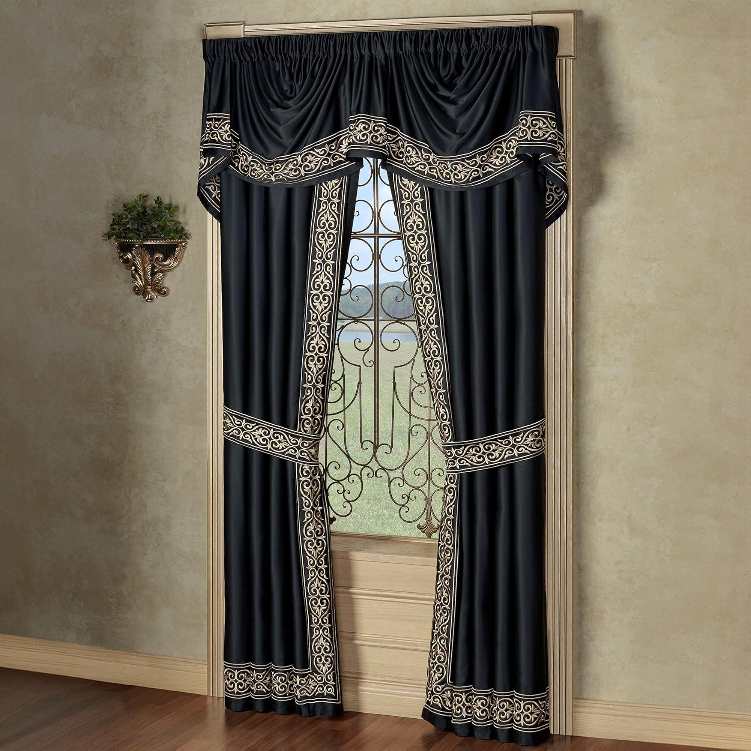 Touch of Class Kensington Luxury Window Treatment | Classic Black | Palace-Inspired Golden Scrollwork Embroidery | Designed Drapery Set Includes Empire Valance and 96L Curtain Pair