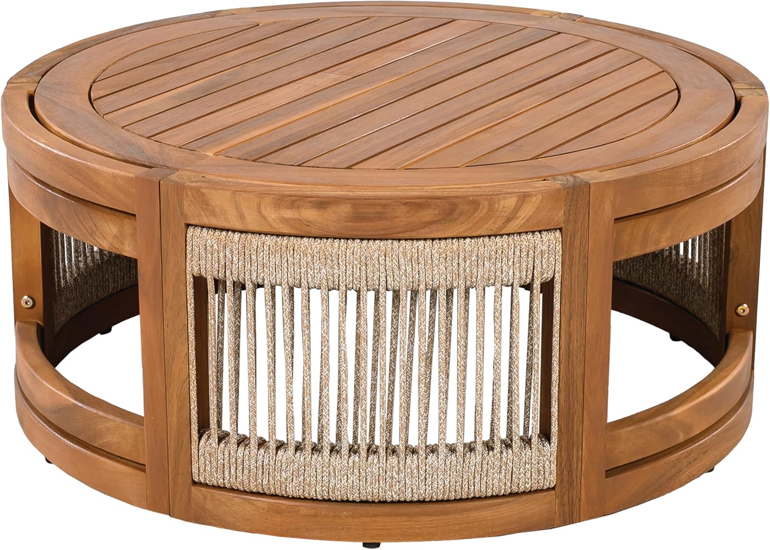 kevinplus ø27.95'' Boho Round Wicker Wood Coffee Table for Living Room Outdoor & Indoor, Rattan Modern Farmhouse Countryside Coffee Table, Weather Resistant, Easy Assembly, Teak