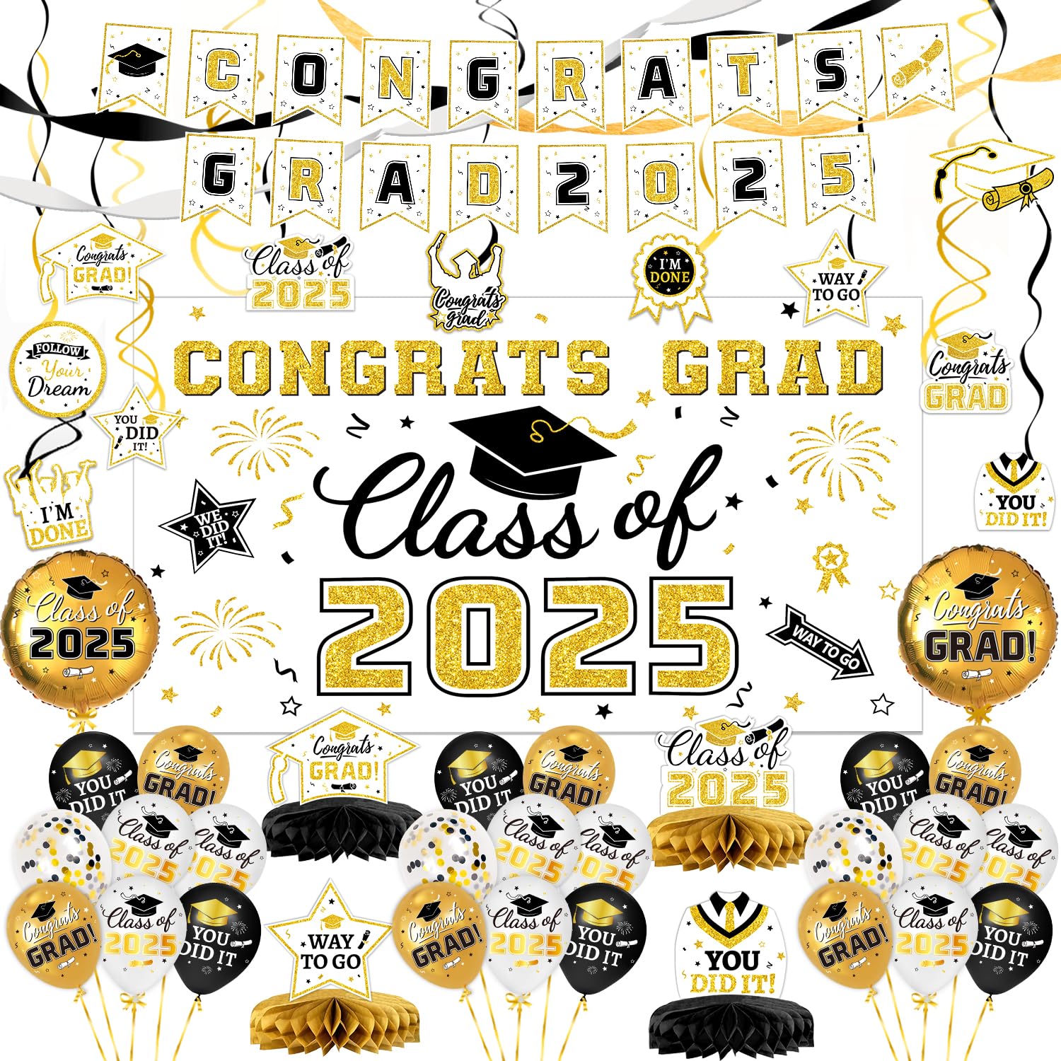 Graduation Decorations Class of 2025 - Congrats Grad Banner & Backdrop, Hanging Swirl, Balloons & Streamers Kit, Honeycomb Centerpieces for White and Gold Congrats Grad Party Decorations