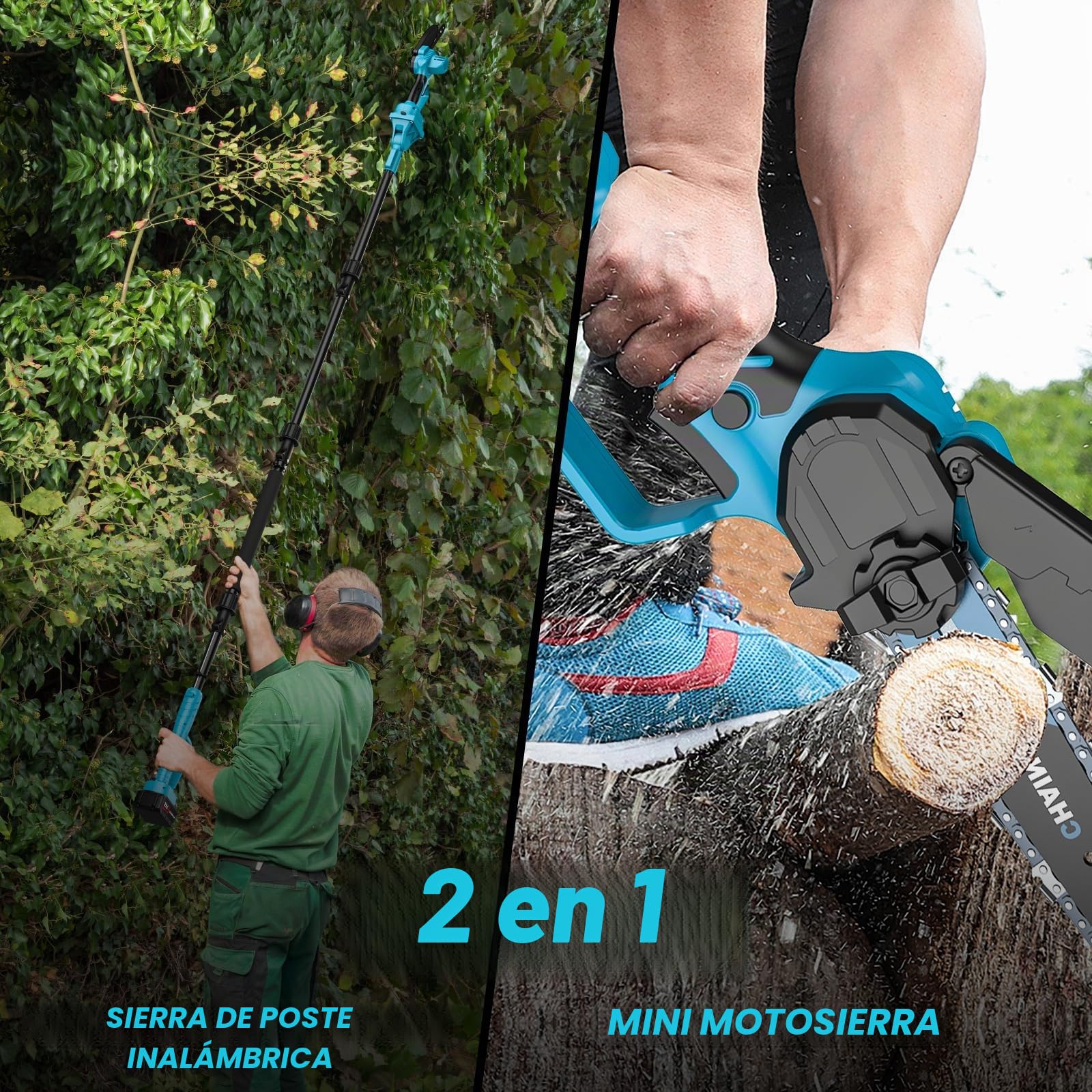 Kouamor Podadora telescópica con batería de 6 pulgadas, mini motosierra con 2 baterías de 4,0 Ah, 2 en 1 sin escobillas, sistema de aceite automático, depósito de aceite de 30 ml, longitud de trabajo