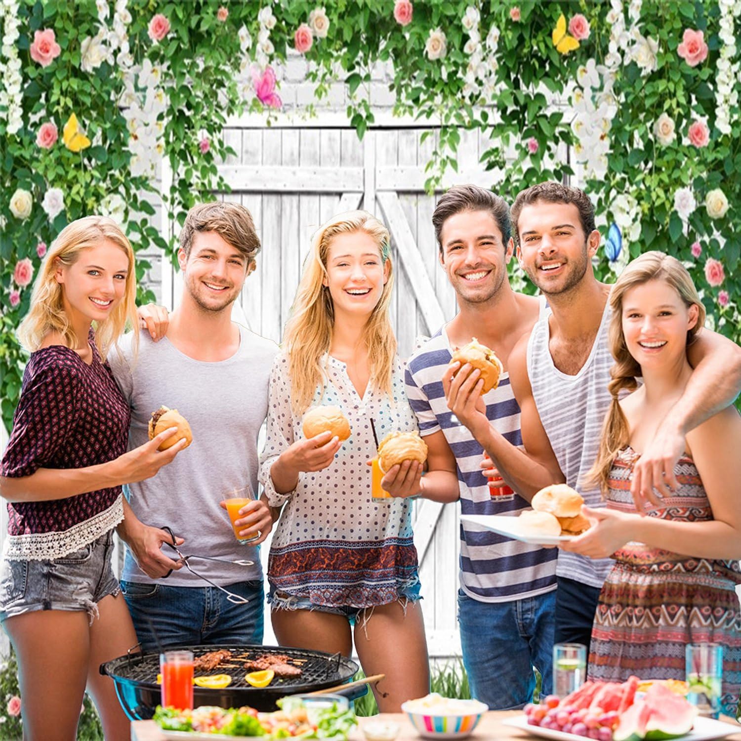 Spring Easter Backdrop 10x8ft Floral Butterfly Spring Backdrops for Photography Green Leaves Flower Fence Grassland White Wood Barn Door Background Easter Party Decor Photo Booth Props