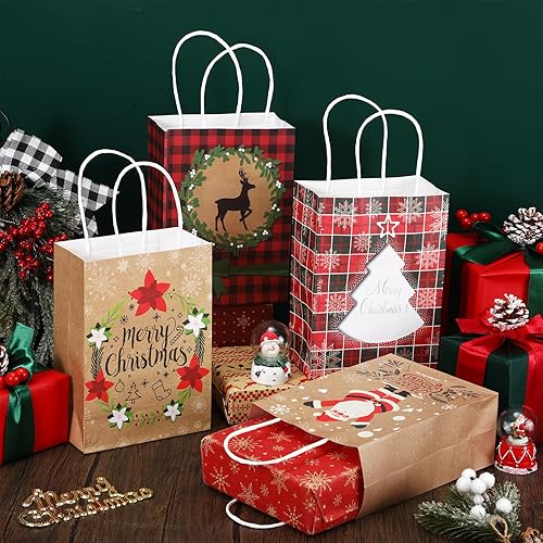 Miniatura 2 de Resholder 200 bolsas de regalo de papel kraft de Navidad a granel con asas, bolsas de regalo de Navidad reutilizables para regalos de Navidad,