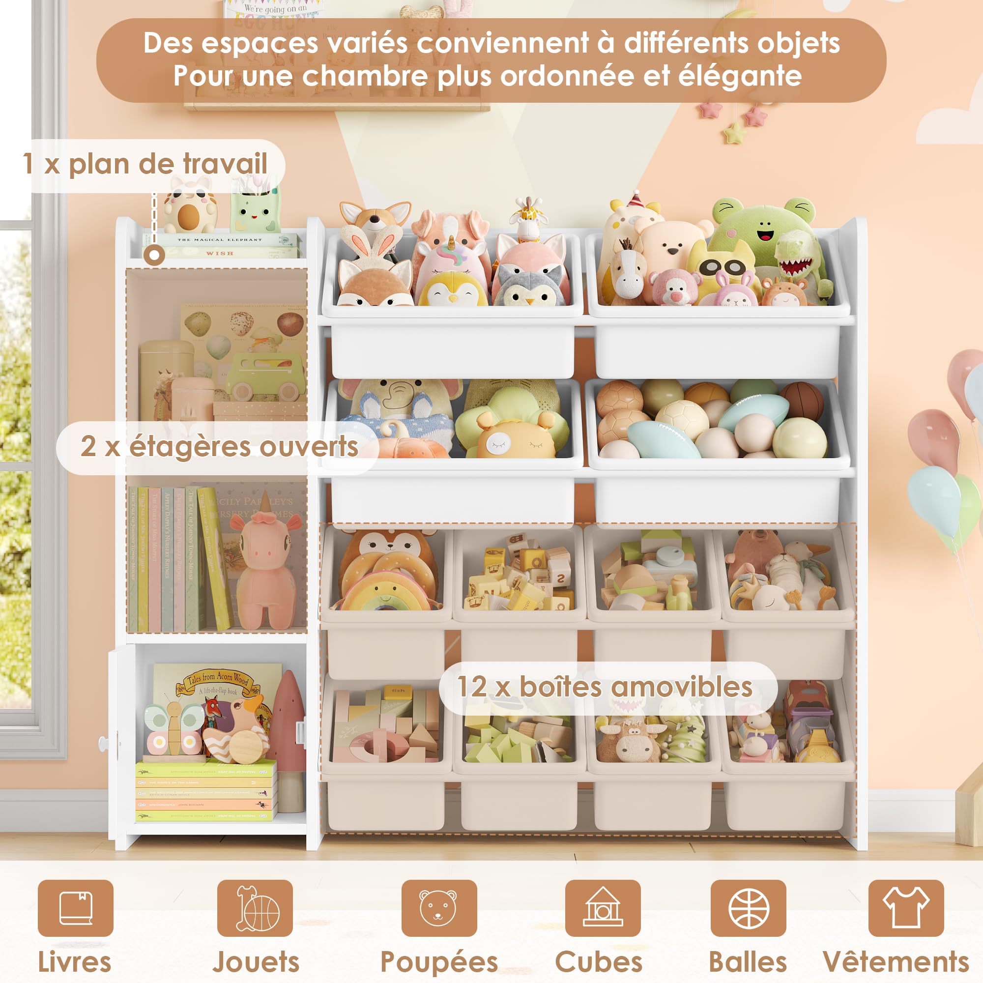 FOREHILL Meuble de Rangement Enfant avec 12 Boîtes Amovibles Bibliothèque Enfant 4 Étagères Meuble Rangement Jouets pour Chambre d’Enfant Salon 112,5x30x100cm Blanc