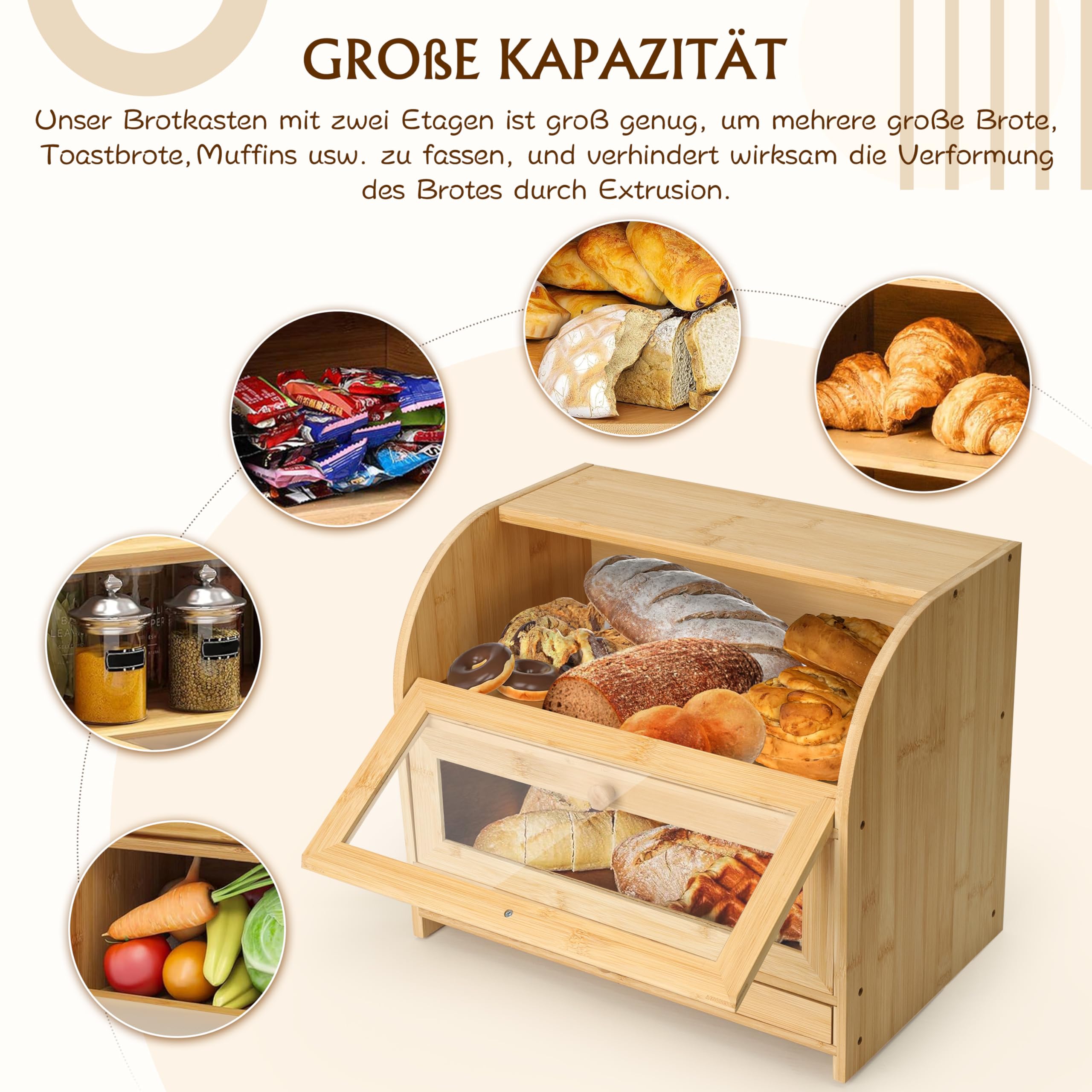 Ribelli Bambus Brotkasten mit 2 Etagen und Schublade, Großer Brotbehälter mit Brotschneidebrett, Holz Brotbox mit Deckel, Lebensmittelecht Brotaufbewahrung