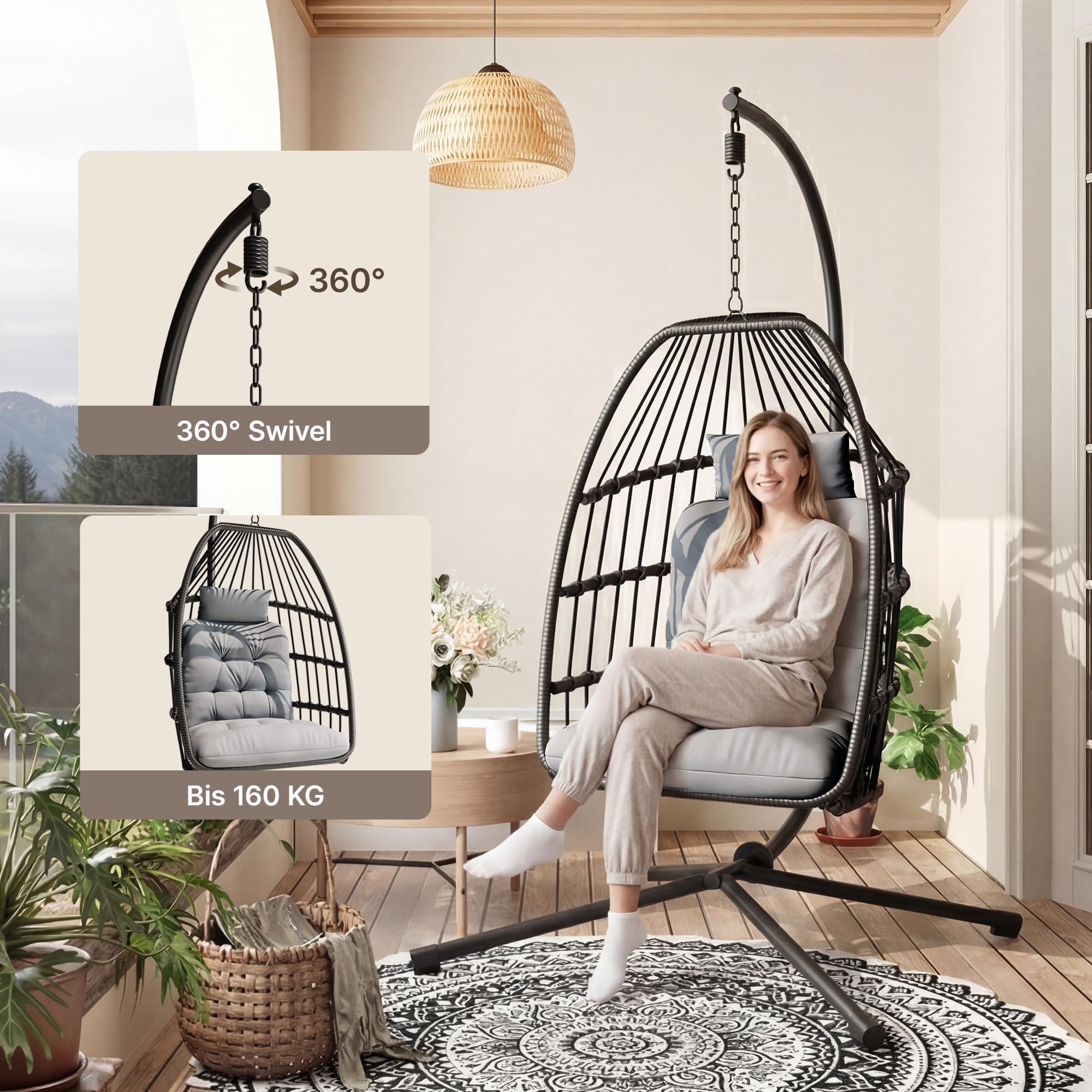 Xbro Silla Colgante de Exterior, Silla Colgante Huevo con Estructura de Acero y 4 Pies en Base, Columpio Jardin Exterior/Interior, Plegable, Capacidad 160Kg - Gris