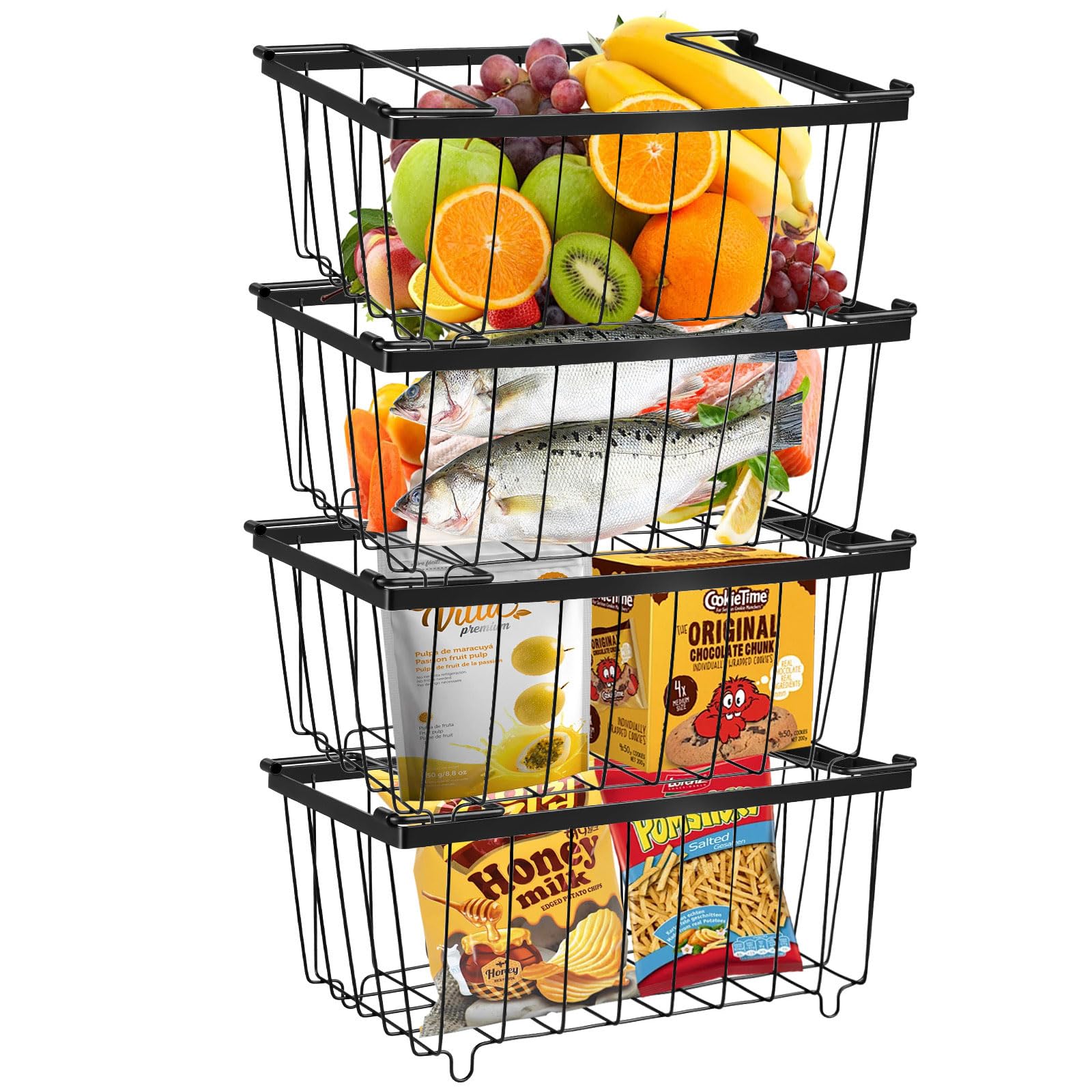 WANYISHUN Freezer Organizer Bins(14.3*6.3*6.1),Deep Freezer Organizer Bins with Side Handle, Wire Freezer Baskets for Sort Frozen Food, Freezer Baskets for Chest Freezer (4)