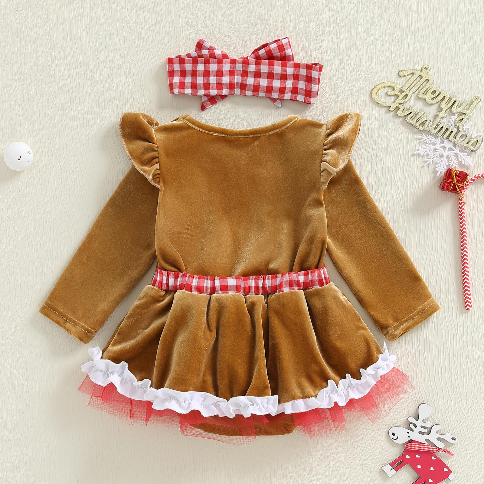 Himllauen Infant Baby Girls 2 Pcs Christmas Outfits Toddler Long Sleeve Santa/Gingerbread Romper Dress + Headband Set Newborn Girl Winter Clothes (Beige - Image 3