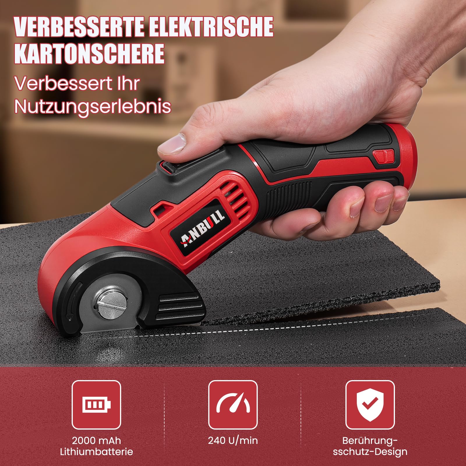 Anbull Kartonschneider Elektrische Schere 4V Kabellose Rollschneider Akku, Elektrische Stoffschere für Stoffe & Nähen, USB aufladbar, für Leder, Karton, Kunststoff, leicht, sicher, DIY