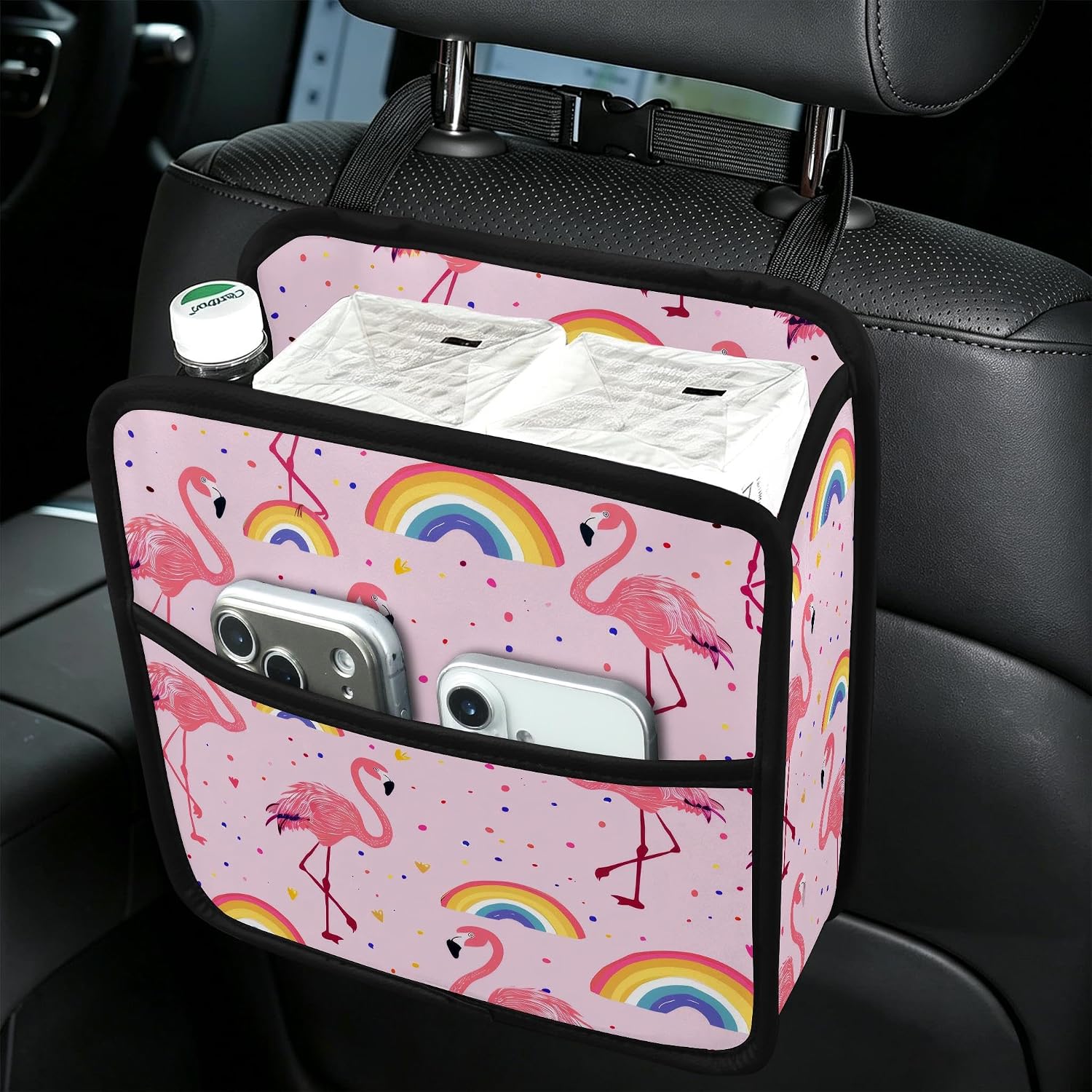 NEWzone Pink Flamingo Rainbow Car Seat Back Organizer, Leather Vehicle Backseat Hanging Storage Pocket, Multipurpose Auto Travel Essentials Accessories for Kids & Adults, Universal for Most Car