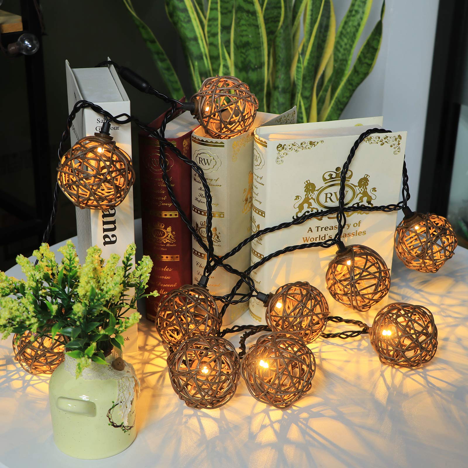 Natural Rattan String Lights - 10 Rustic Cage Lanterns, 13 Ft Plug-in Outdoor Decor