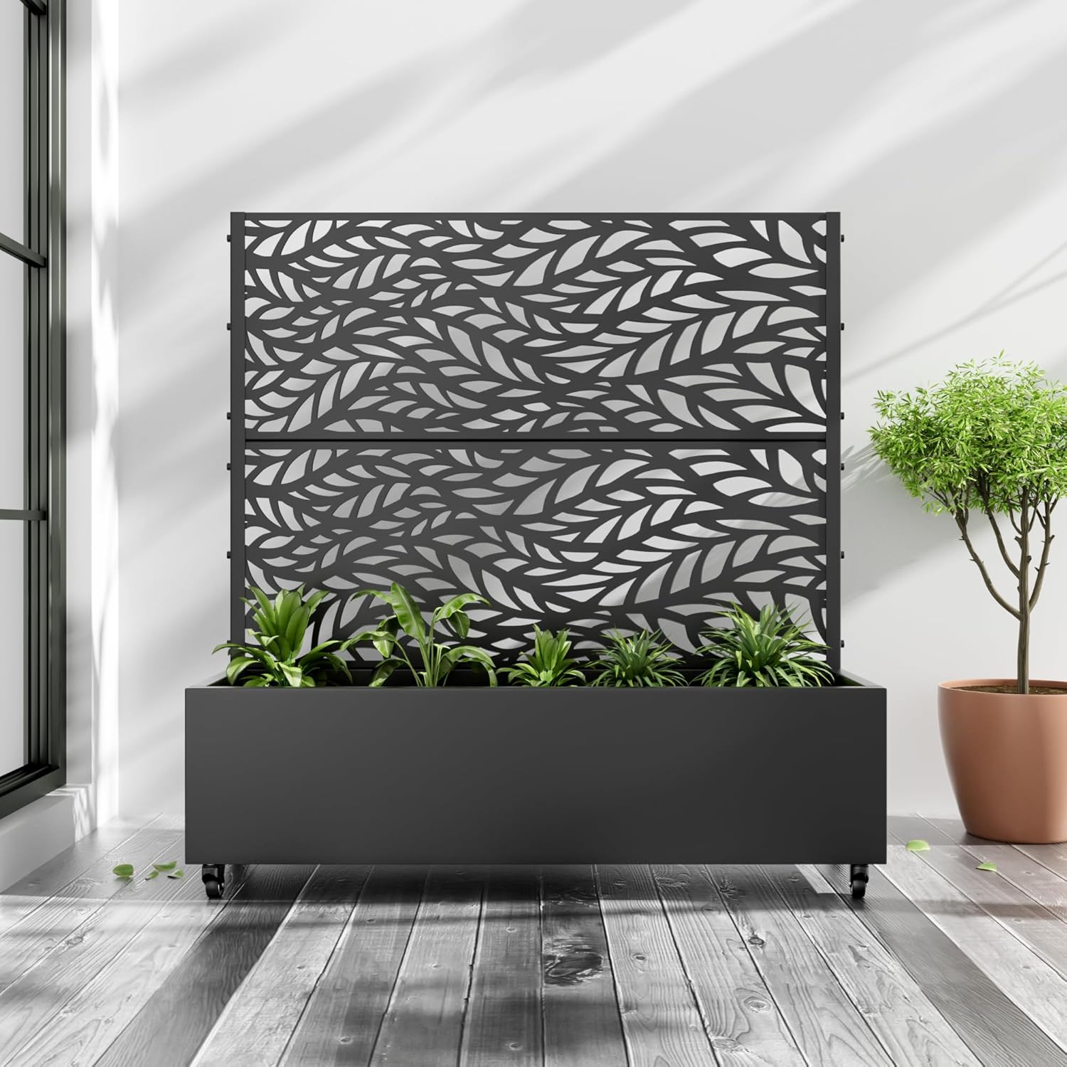 Casaphoria Metal Raised Garden Bed with Trellis and Wheels, 47"x47"x16" Planter Box for Climbing Plants, Vegetables & Vines, Features Drainage Holes and Privacy Screen (Black-Spring)