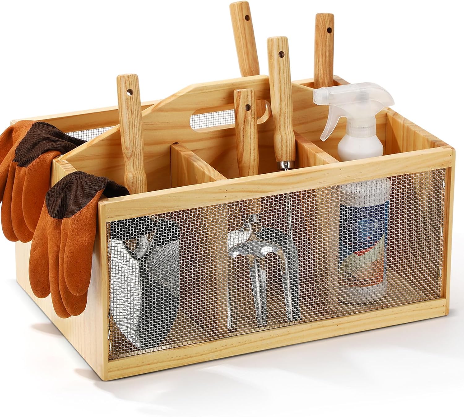 Teenyyou Garden Tool Organizer Wooden Garden Caddy with 4 Compartments and Handle Portable Gardening Tool Basket Nesting Box Practical Gardener Gift for Gardening Lovers