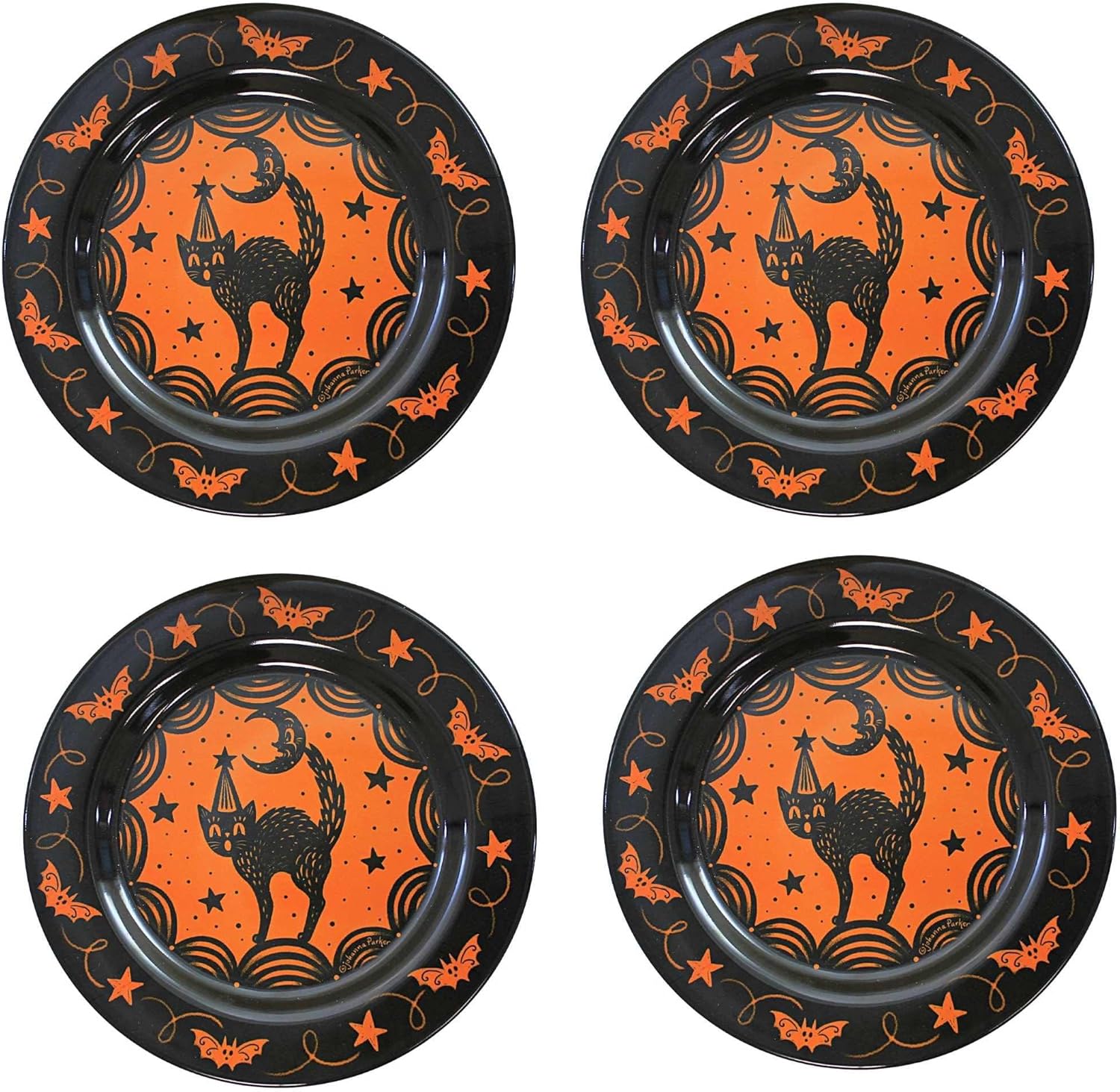 Bethany Lowe Johanna Parker Halloween Scaredy Cat Plates, Set of 4, Black, (JP1039)