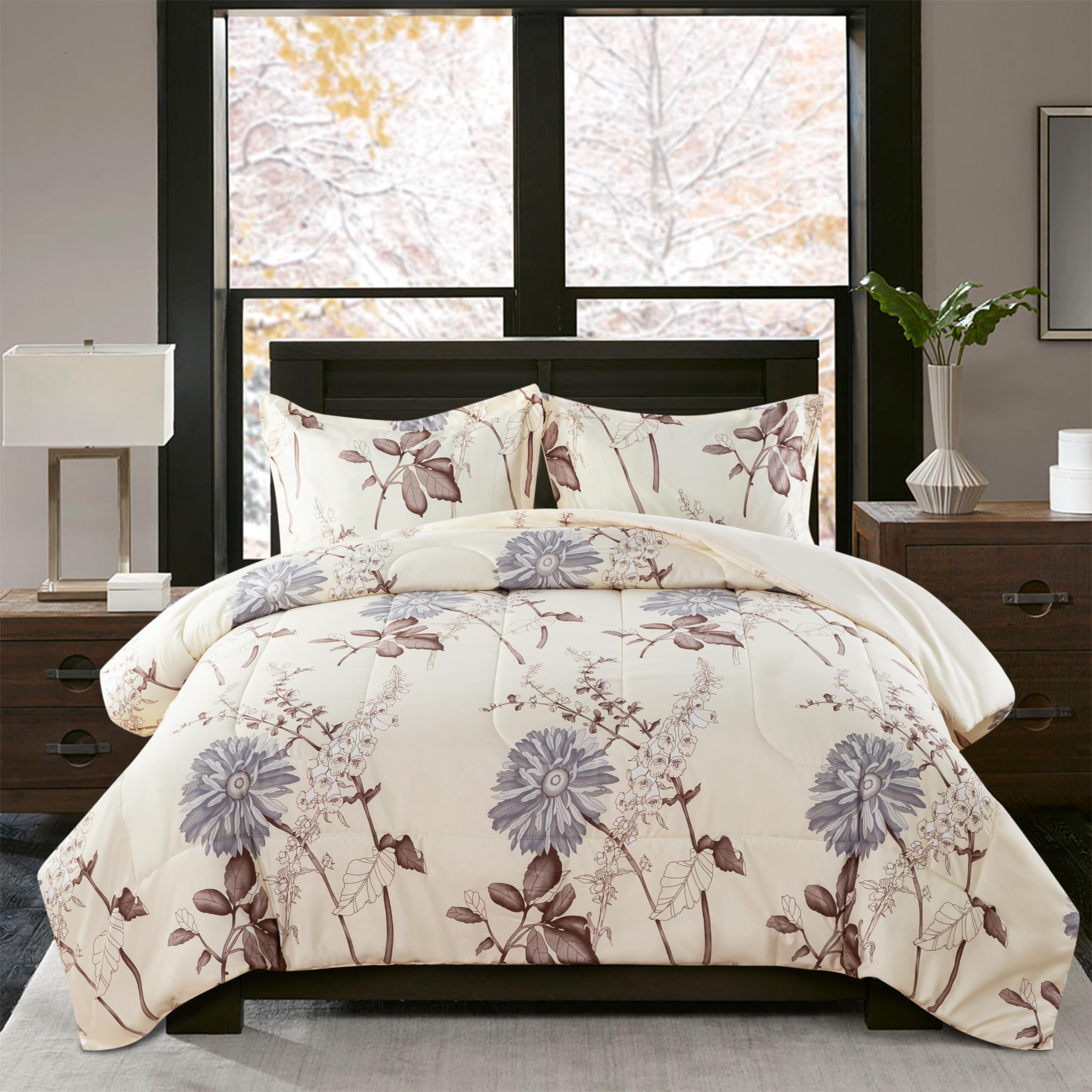 Marina Decoration Home Decor Ultra Soft Luxury Fluffy Goose Down Alternative Bedding Printed 3 Piece Comforter Set, Blue Chrysanthemum Floral Cream Base Pattern Queen/Full Size