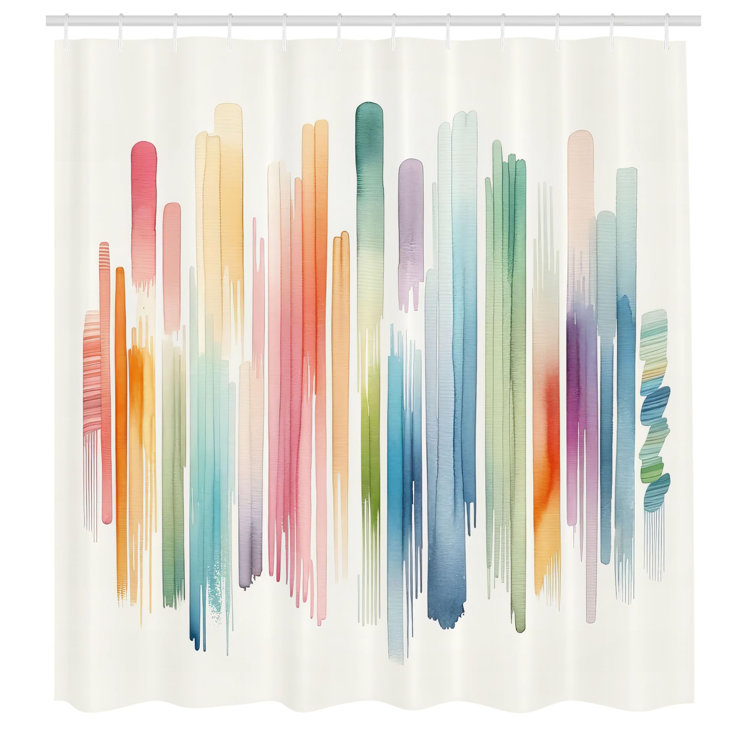 ABAKUHAUS Colorful Shower Curtain, Brushstroke Lines Rainbow, Cloth Fabric Bathroom Decor Set with Hooks, 175 x 220 cm, Ecru Multicolor
