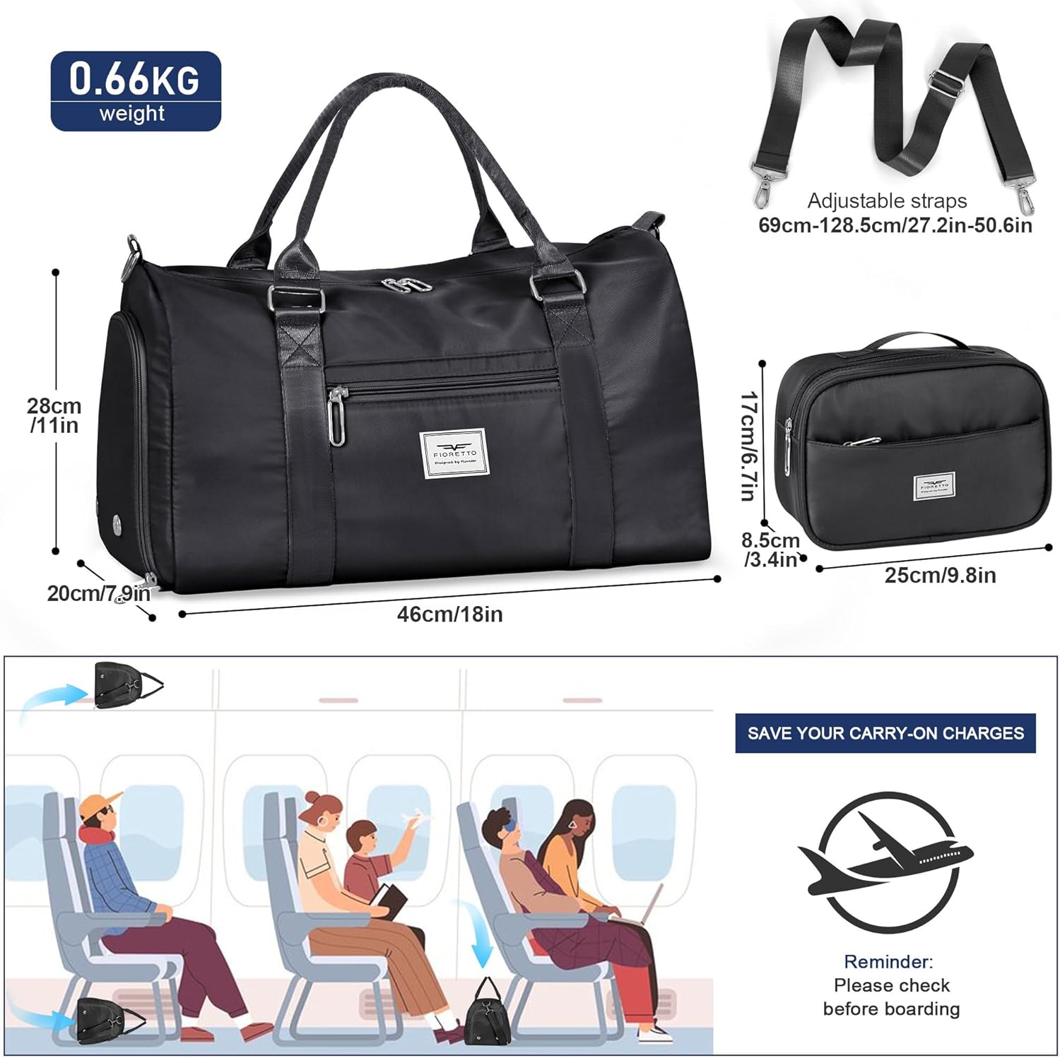 FIORETTO Womens Gym Tote Duffle Bag with Toiletry Bag, Sports Duffel Overnight Hospital Workout Carry on Bag for Girls with Wet Pocket & Shoe Compartment, Ideal for Travel, Swimming, Dance Black - Image 2